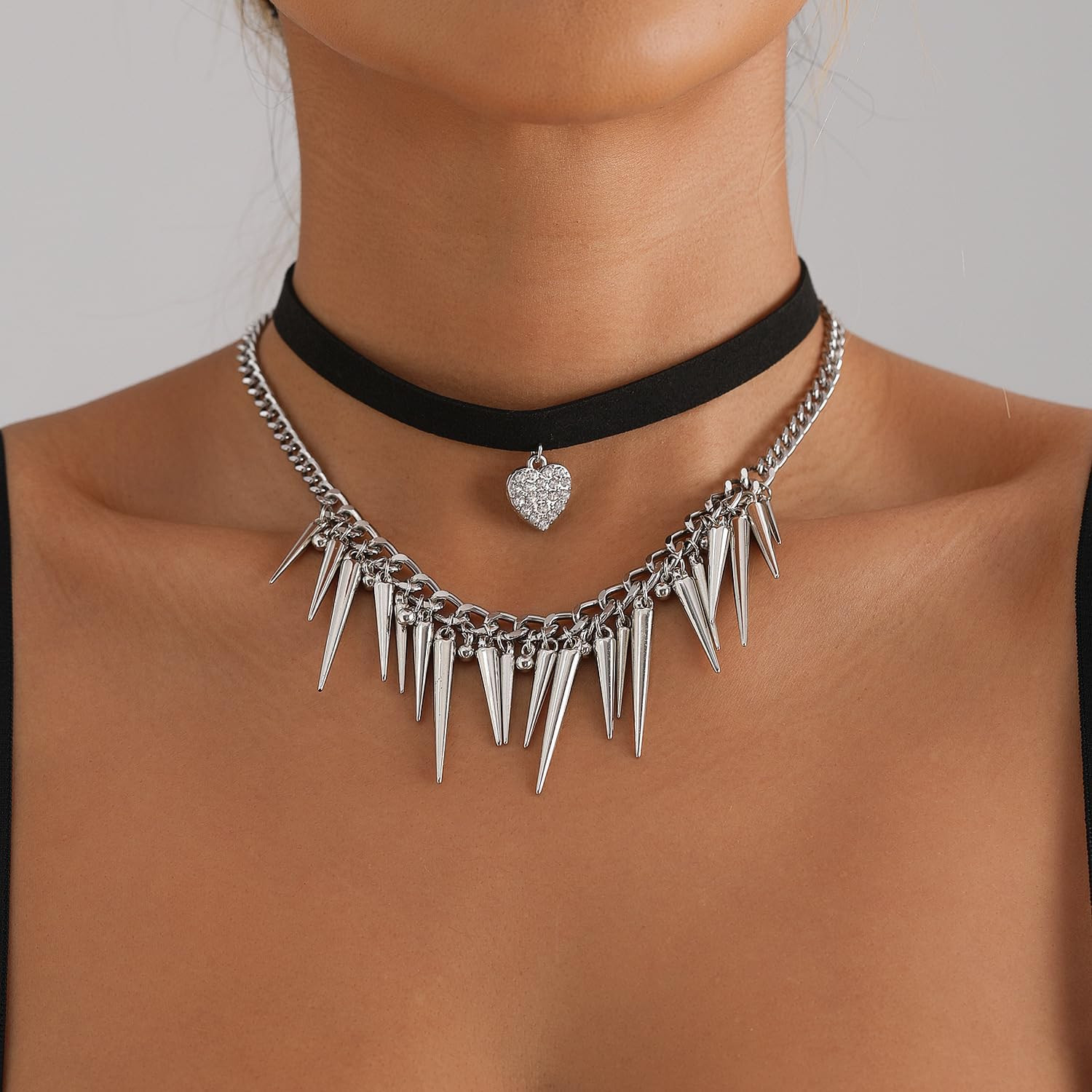 Spike Fringe Charm Layered Chain Choker Velvet Ribbon Heart Pendant Necklace for