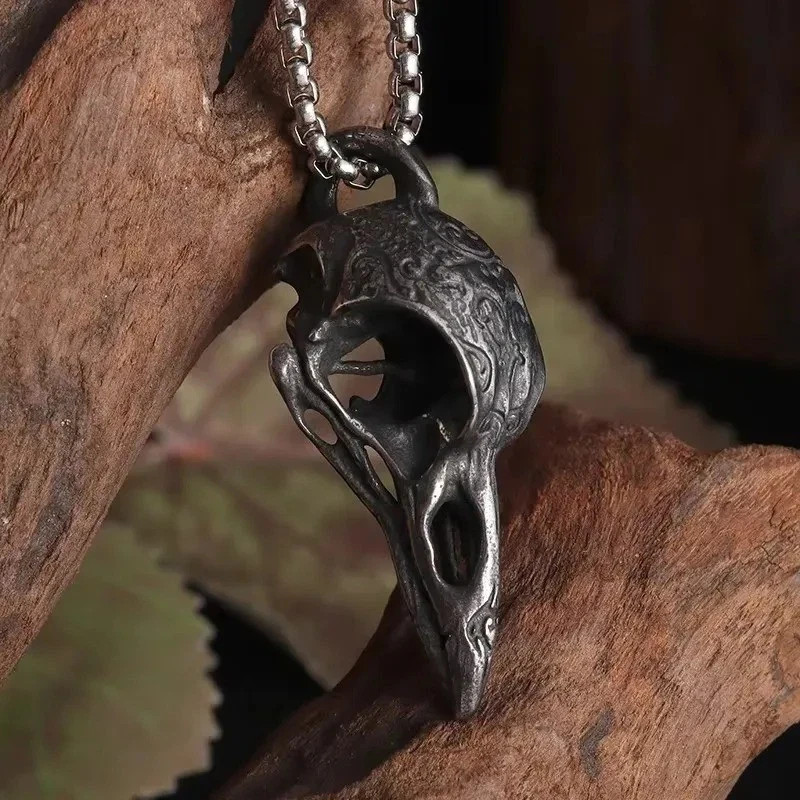 Retro Nordic Crow Skull Pendant Necklace, Bird Amulet Jewelry Gift for Men Perso