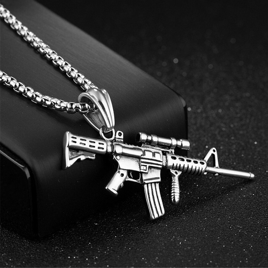 Silver Army AK47 Machine Gun Stainless Steel Pendant Necklace, Second Amendment