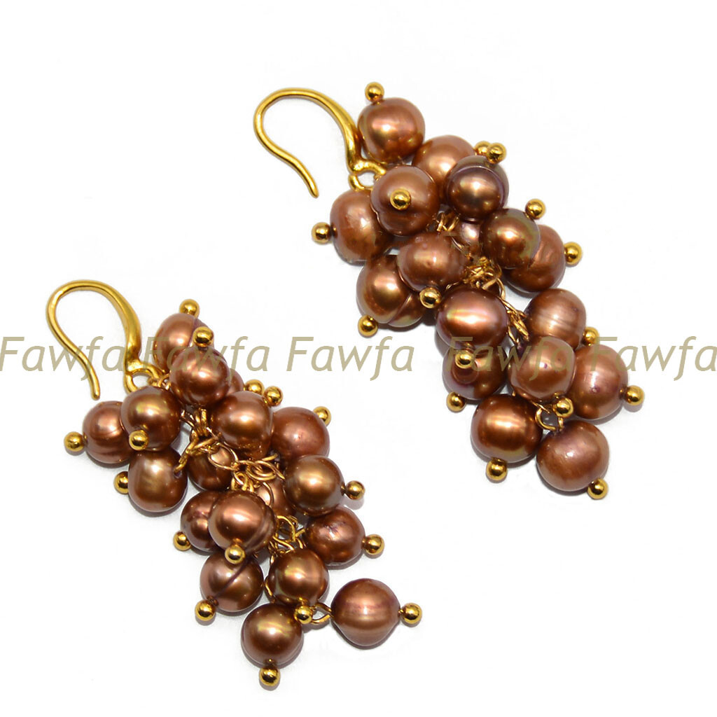 Natural 6-7mm Freshwater Brown Baroque Pearl Cluster Grape Dangle Earrings