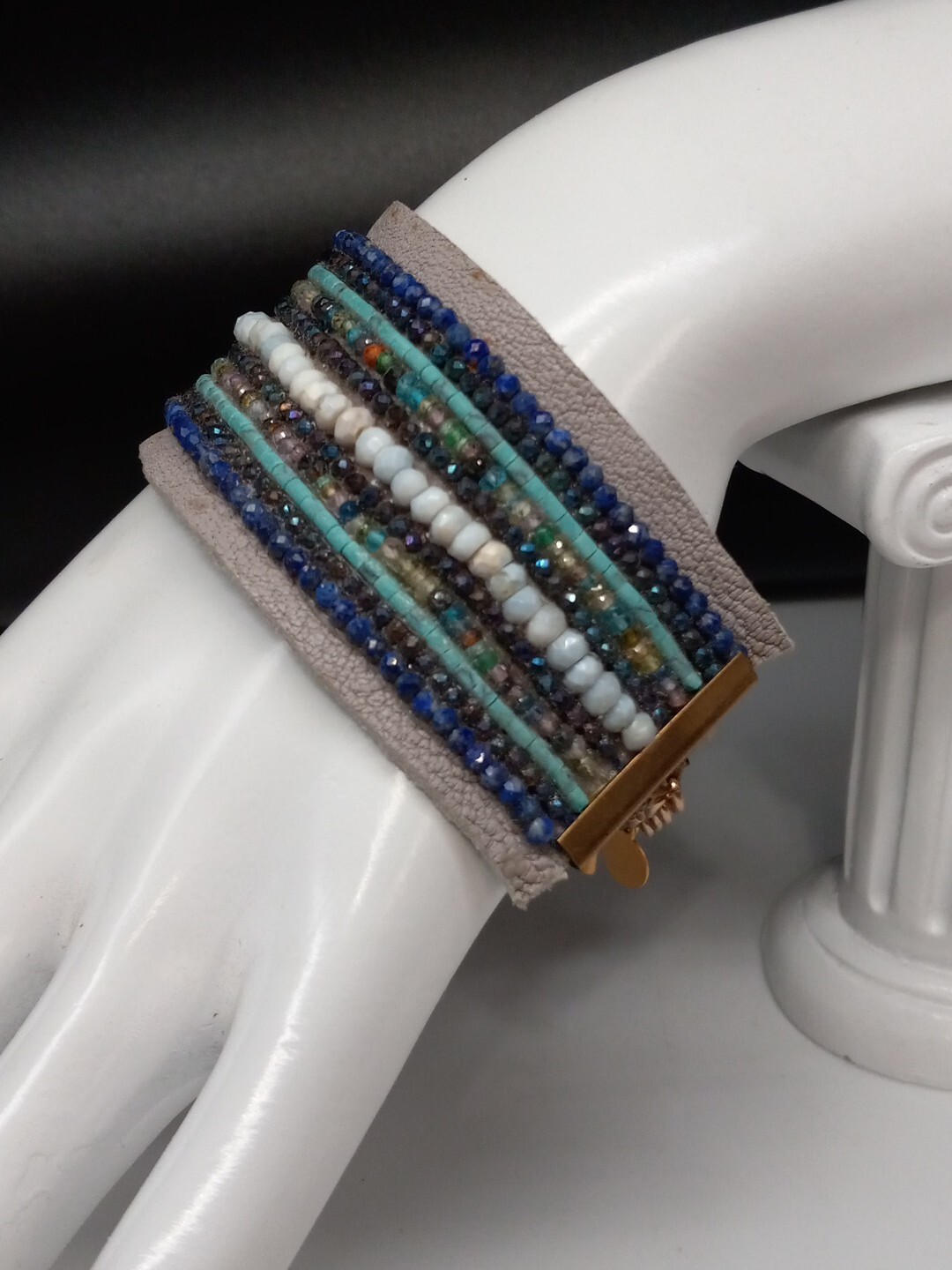 Catherine Page 1 1/2″ Wide Gray Leather Blue Green White Beaded Toggle Bracelet