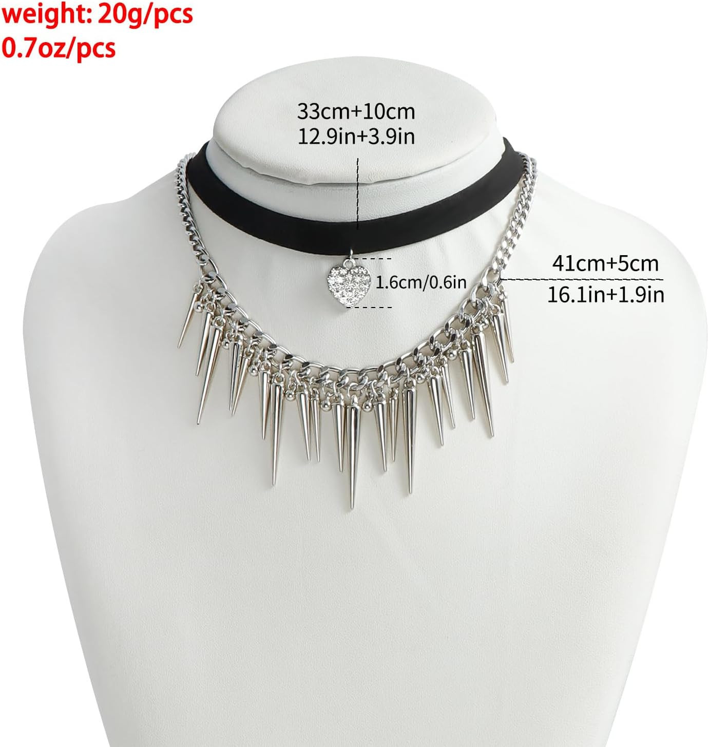 Spike Fringe Charm Layered Chain Choker Velvet Ribbon Heart Pendant Necklace for