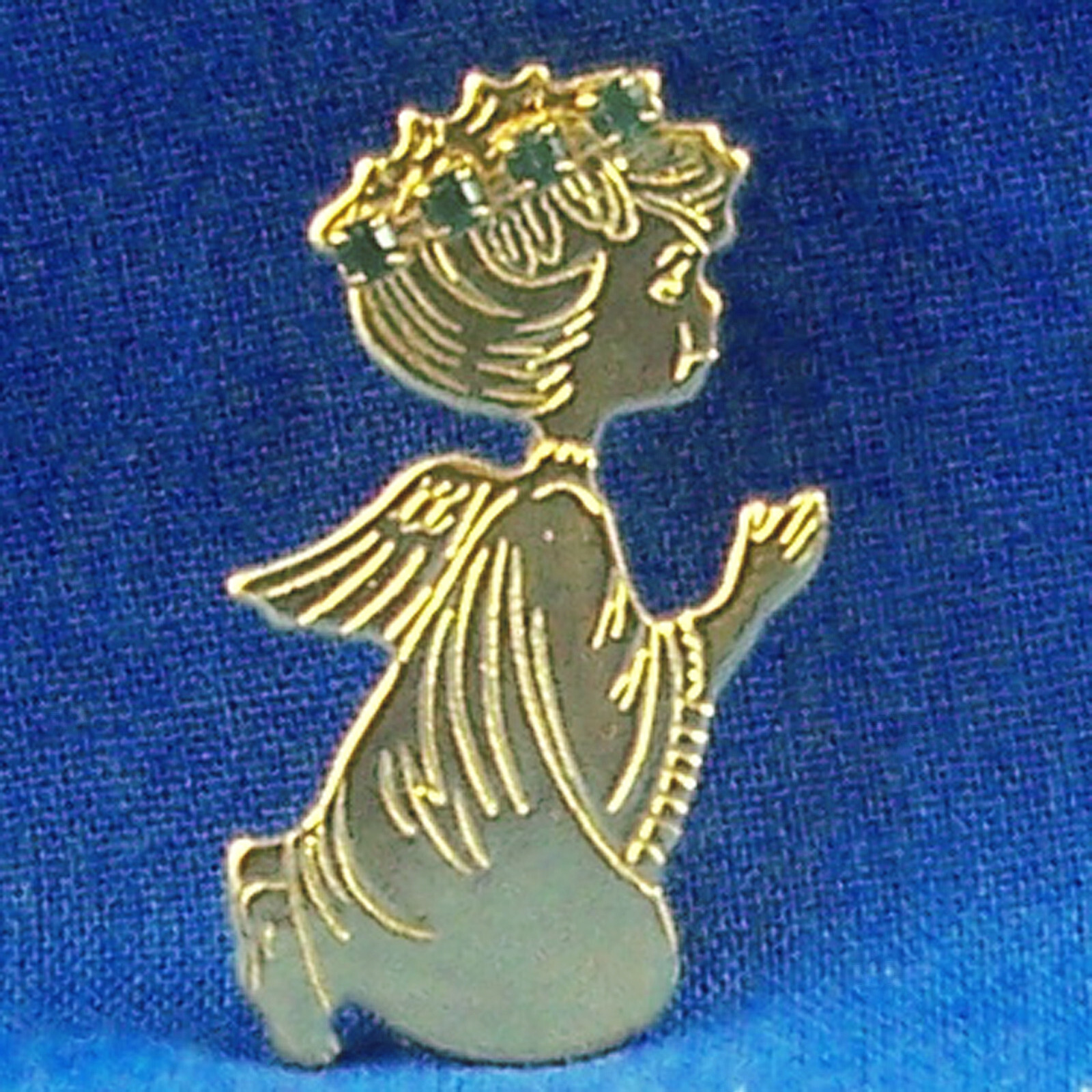 Vintage Small Pin Angel Praying Green Rhinestone Gold Tone Metal Brooch