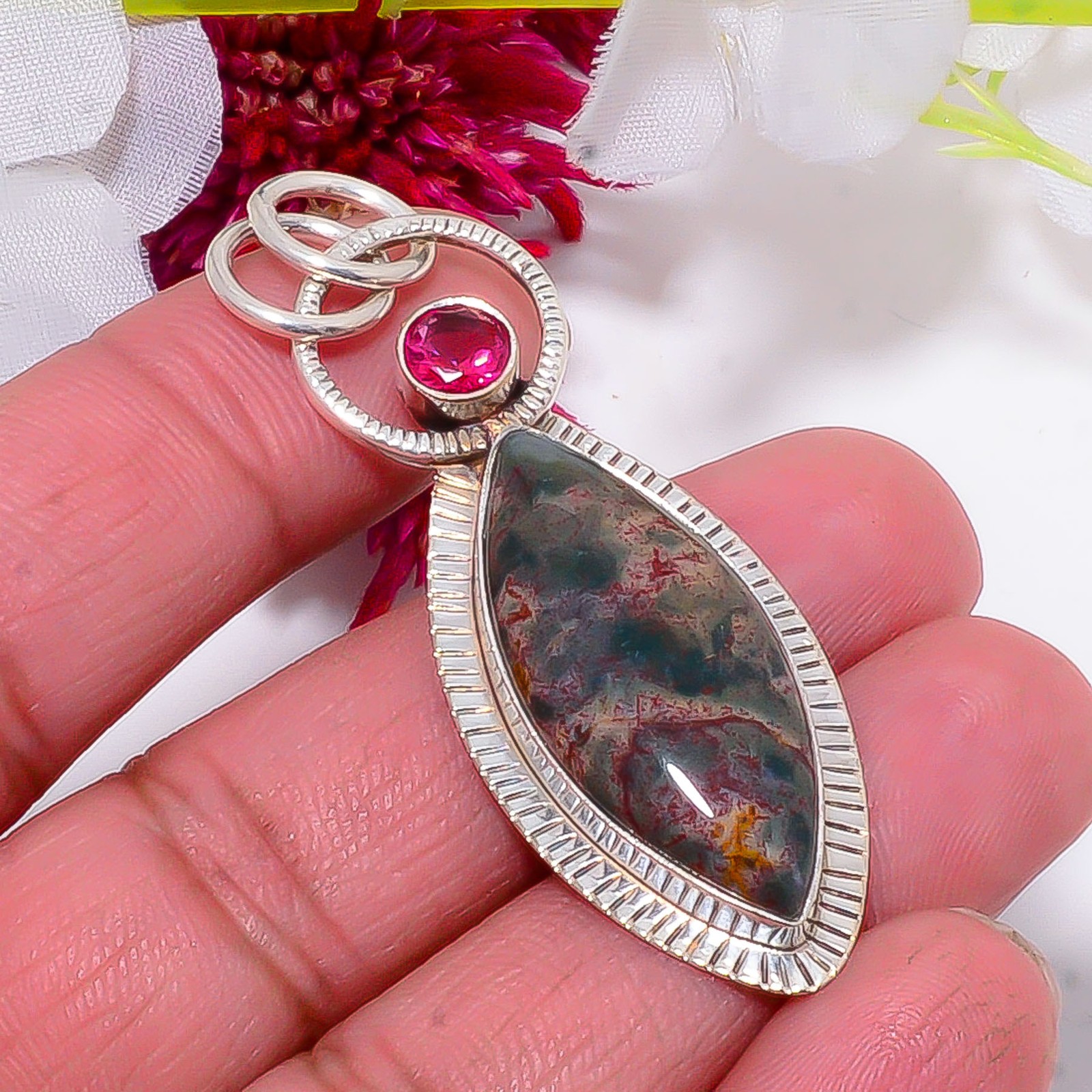 Bloodstone / Heliotrope925 Sterling Silver Pendant 2.26″, Christmas Gift P57131
