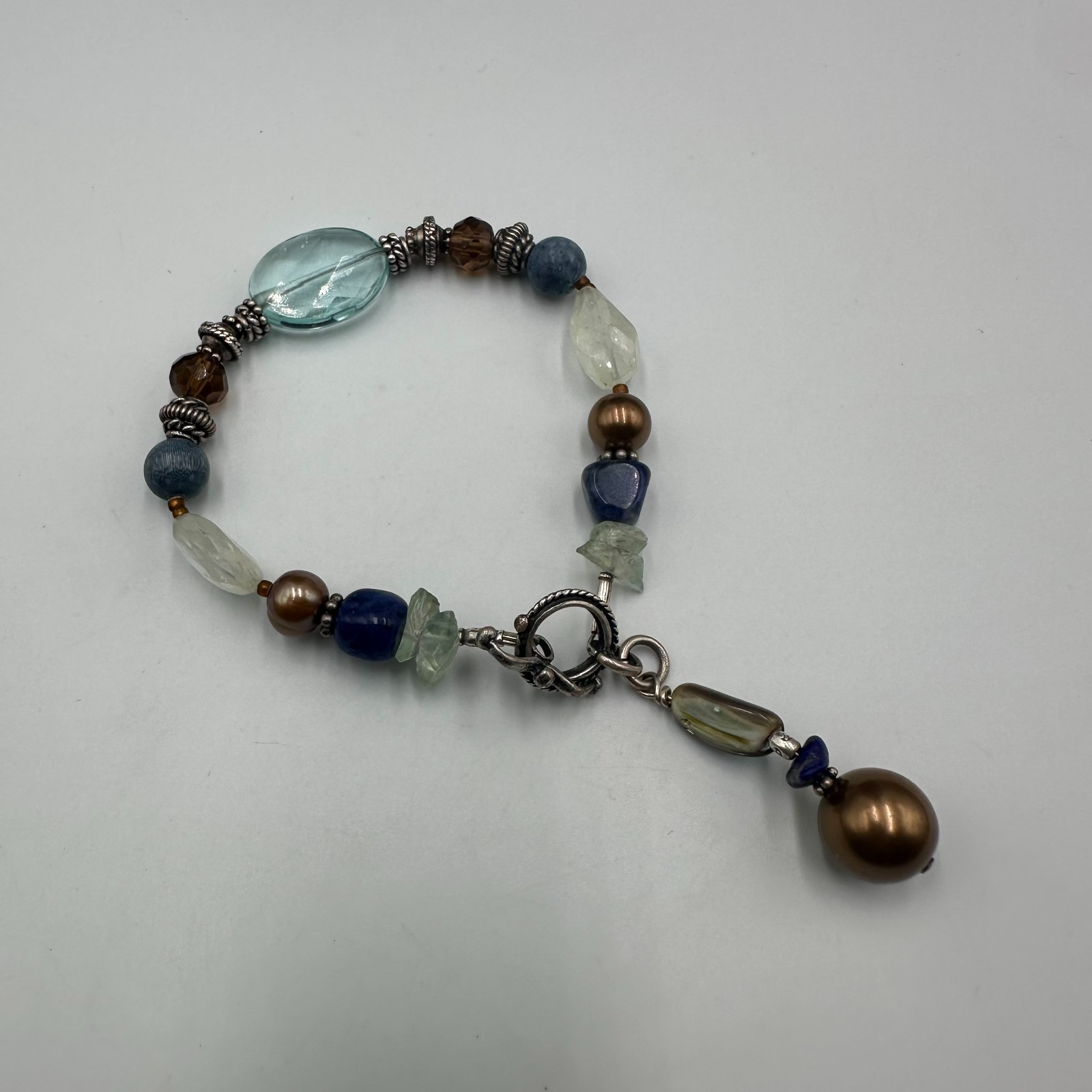 Artisan Beaded Bracelet Blue Brown Glass Beads Sterling Silver Toggle 7″