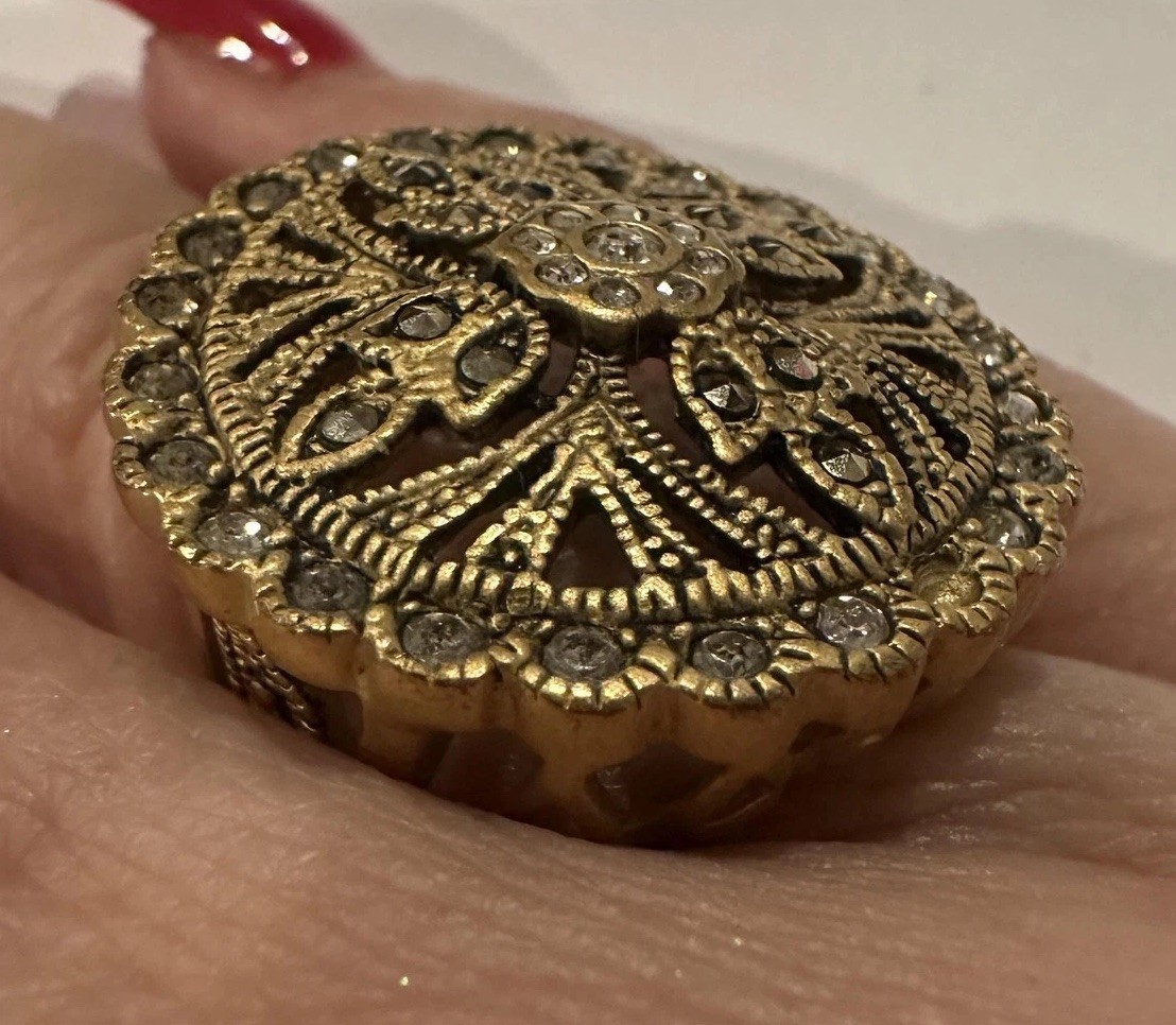 Filigree Shield Gold Tone CZ & Marcasite Rhinestone Cocktail Ring Sz 6 Statement
