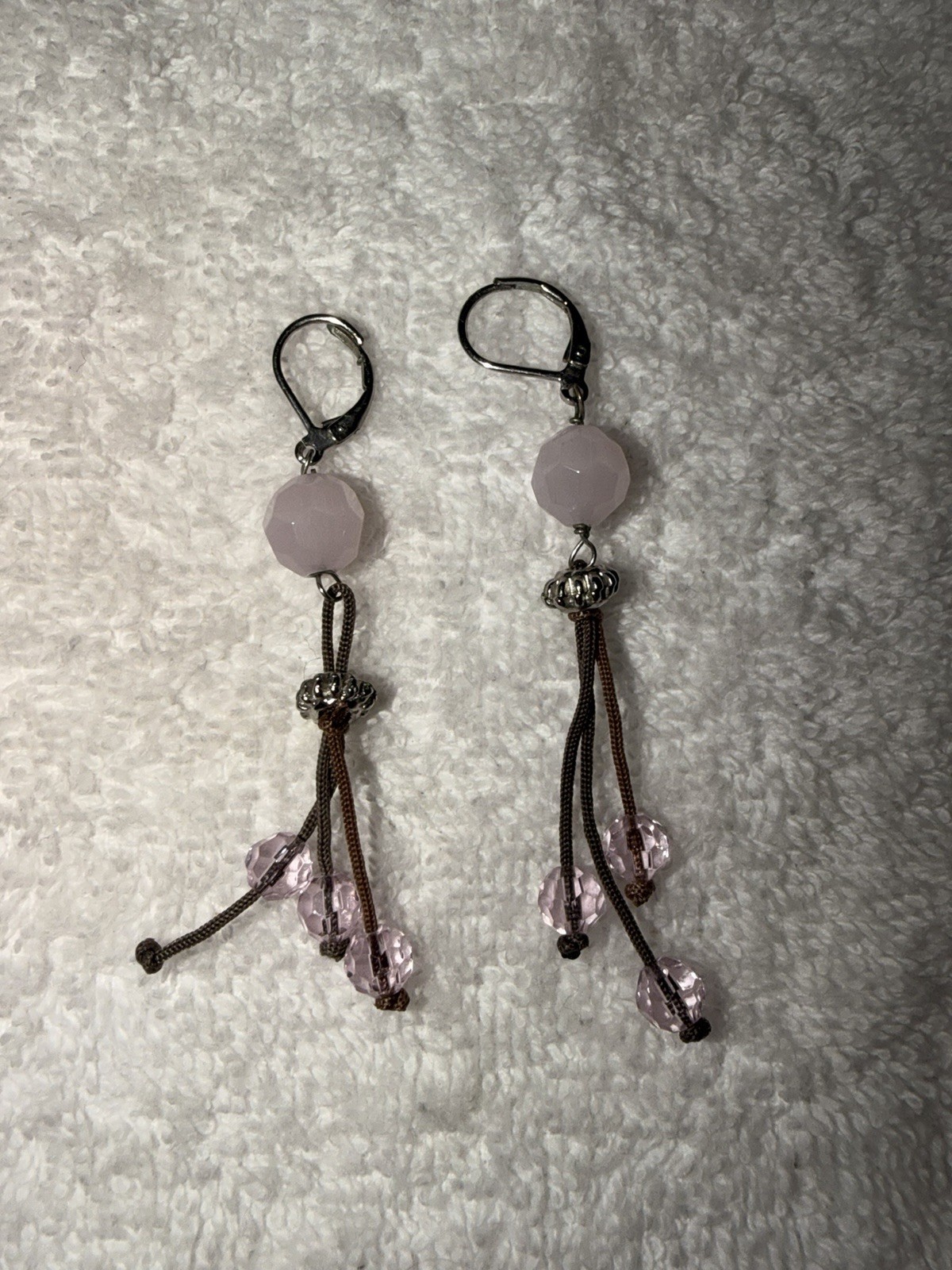 Pink Round Glass Bead Dangle/Drop Leverback Earrings Silver Tone Metal
