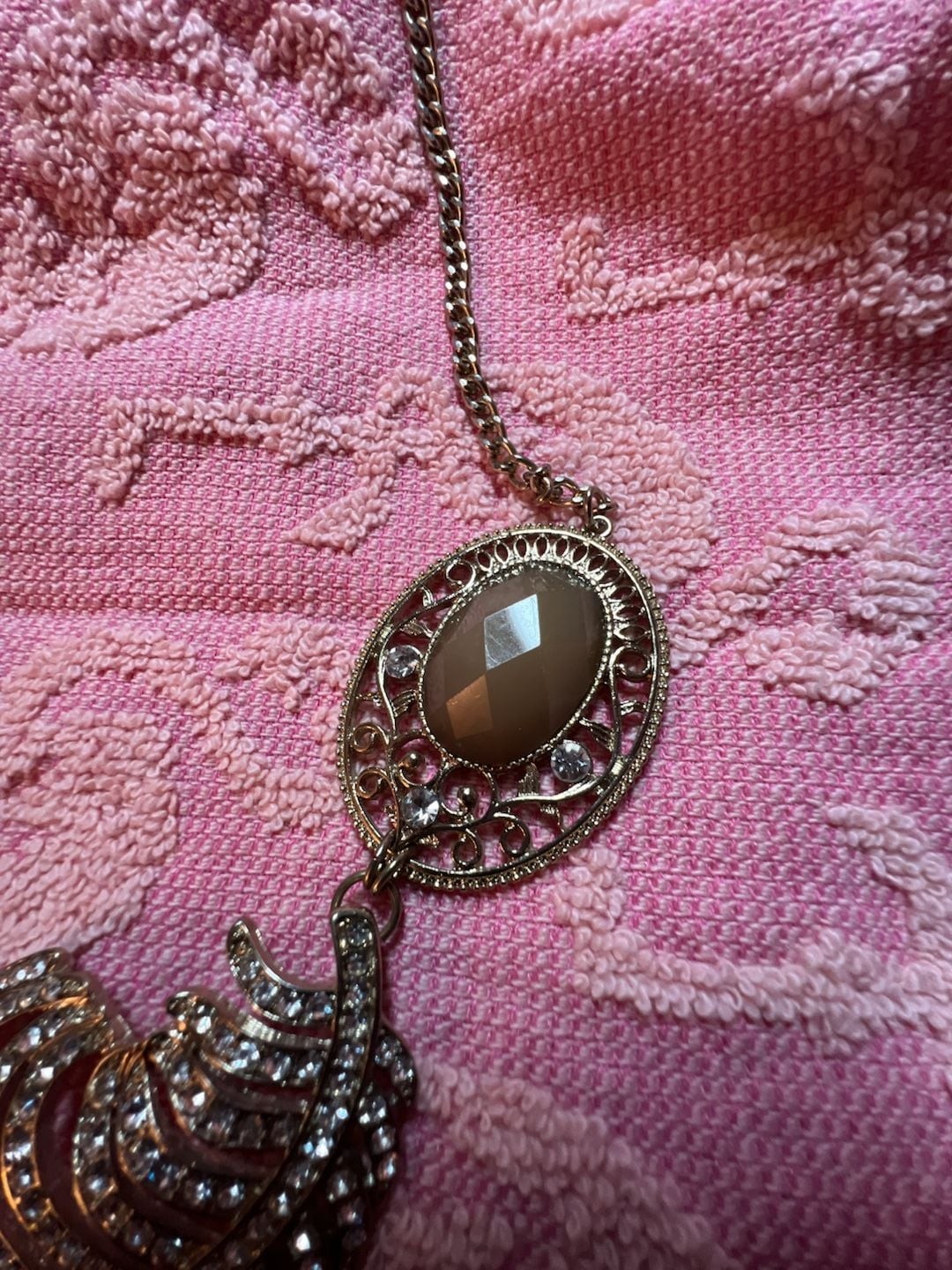 NY & Co. Statement Necklace with Filigree Filigree Metal, Neutral Cabochons, and