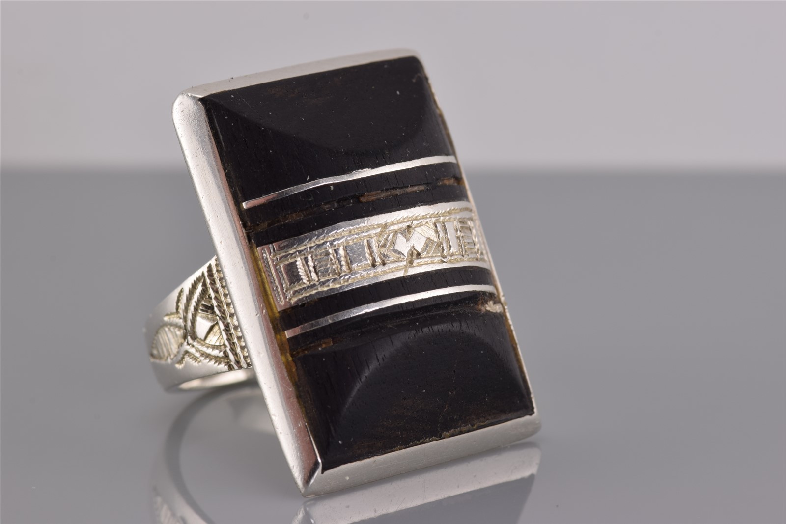 Sterling Silver 30mm Framed Carved Engraved Wood Statement Band Ring 925 Sz: 9