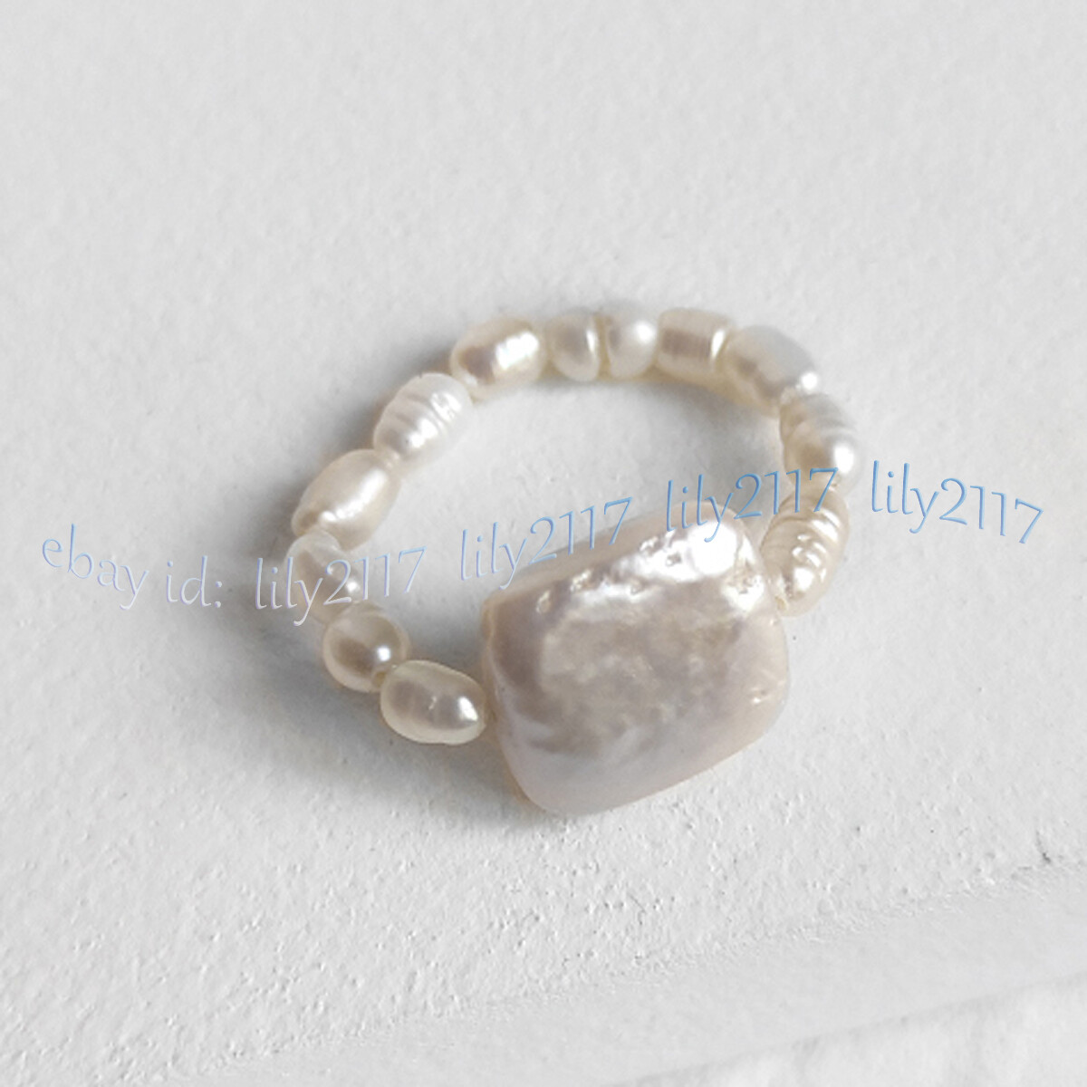 Natural White Freshwater Baroque Square Pearl Circle Adjustable Stretch Rings