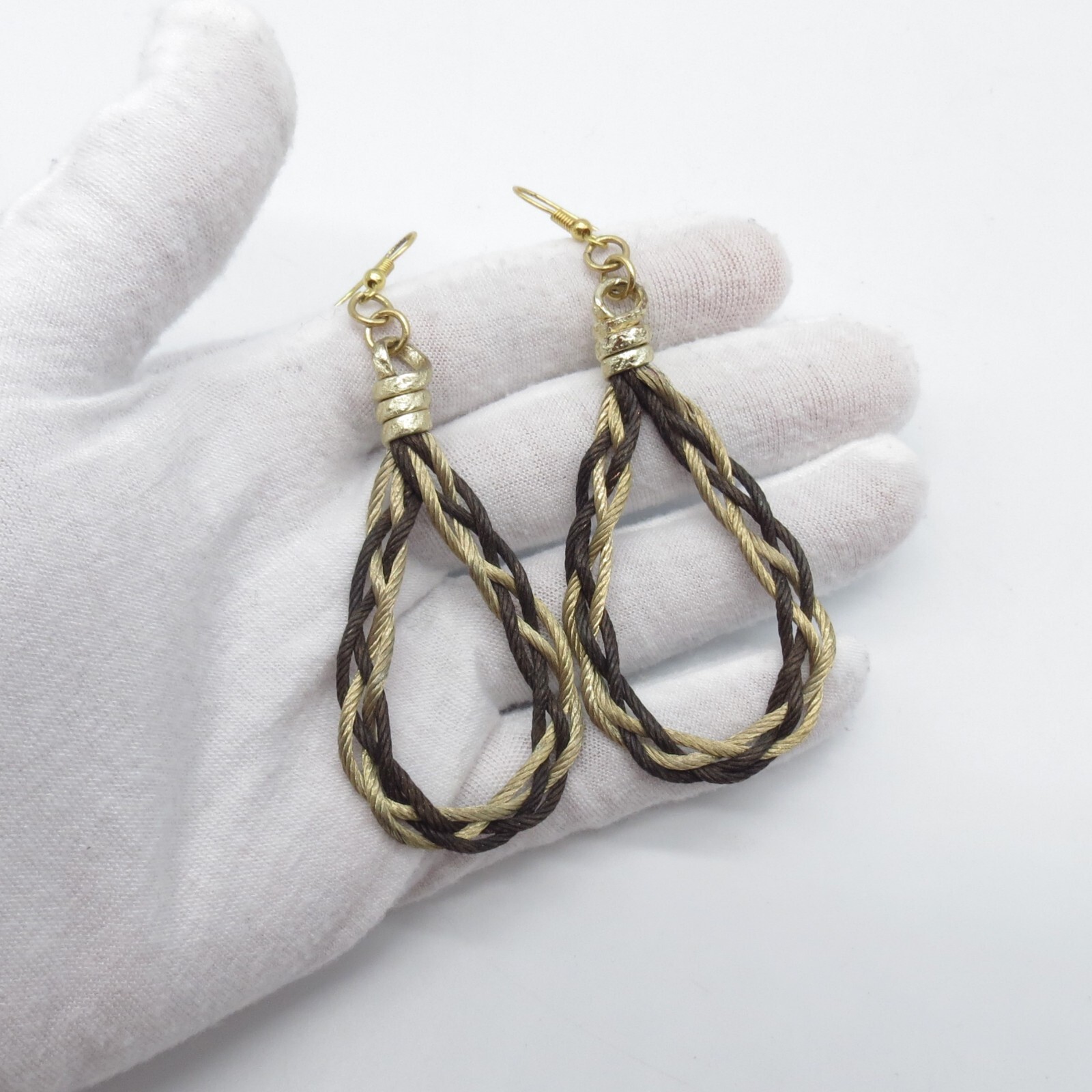 Teardrop Dangle Earrings Brown Beige Braided Rope Gold Tone Boho
