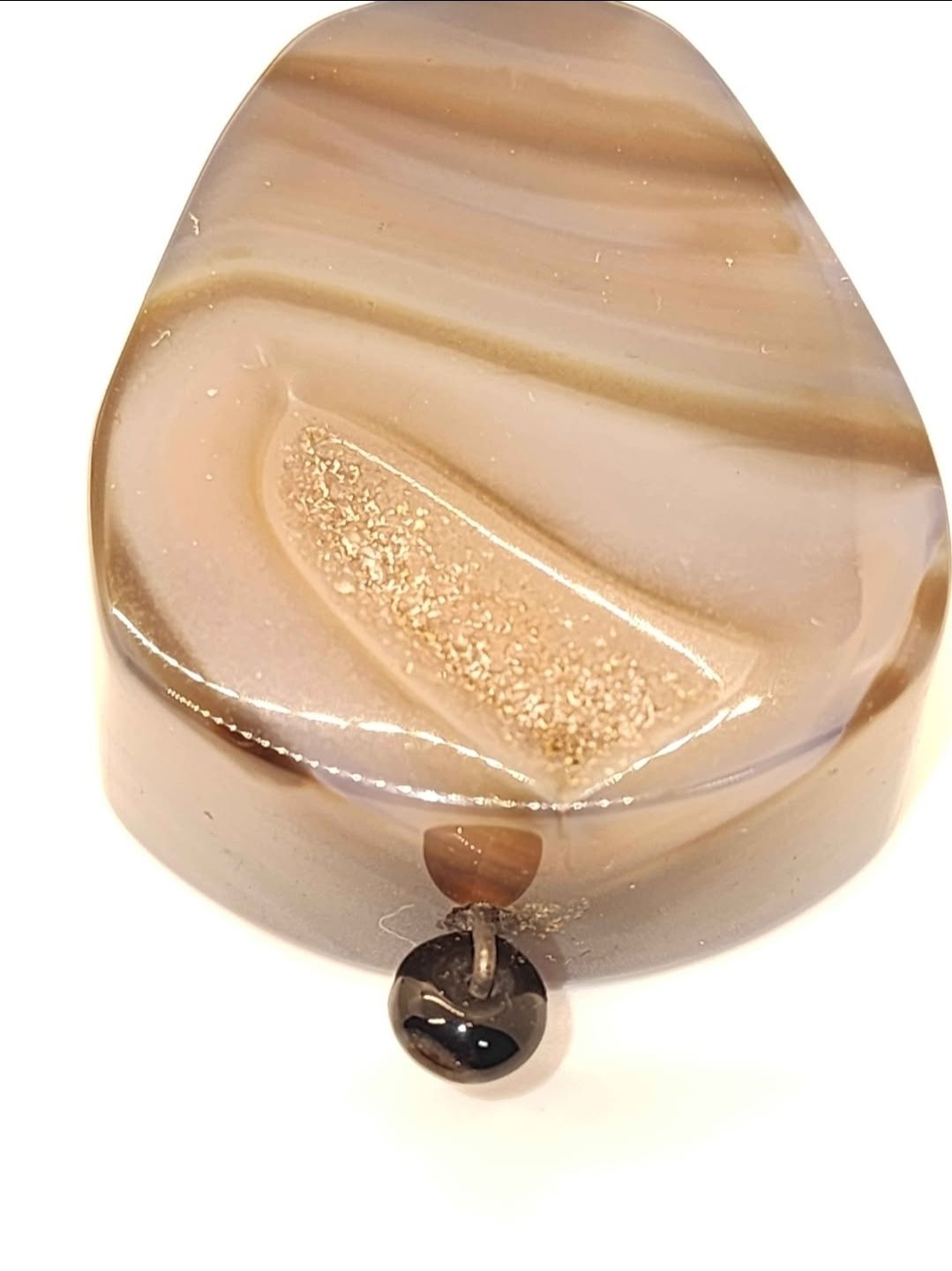 Banded Brown Gray Agate Stone Pendant Charm w/ Silver Metal Bail Loop