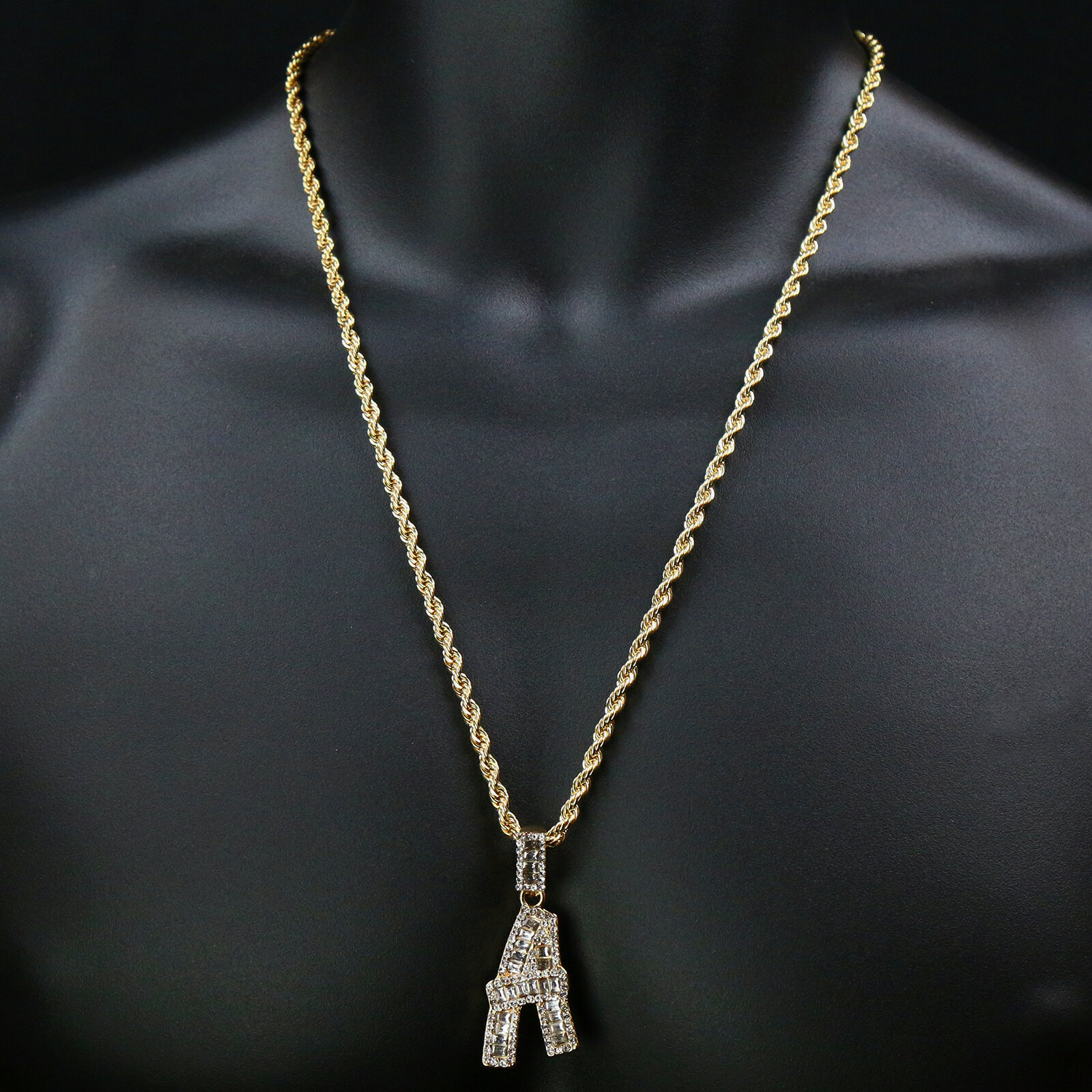 Initial Alphabet Letter Gold Plated Cut Pendant Cubic-Zirconia 24″ Rope Chain