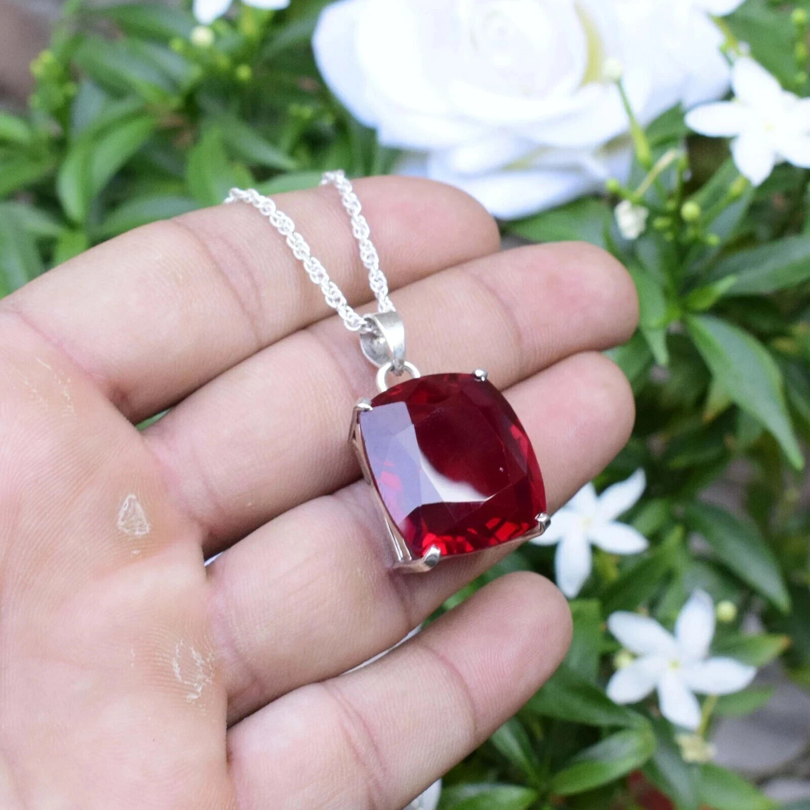 30 Ct Natural Red Ruby Pendant 925 Sterling Silver Cushion Cut Gemstone Jewelry