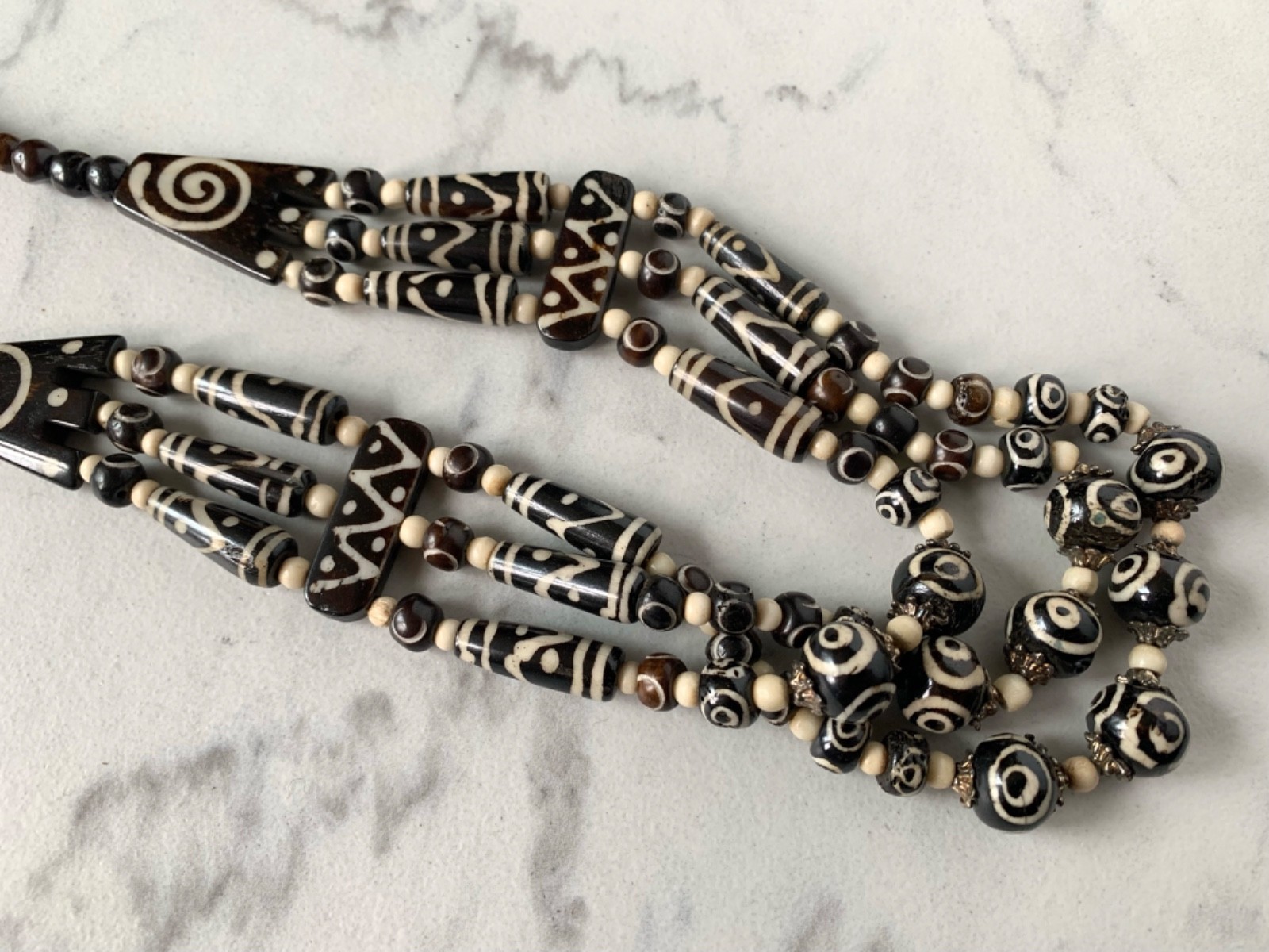 Vintage Bone 3 Strand Tibetan & African appearing Tribal Bead 26″ Necklace 58