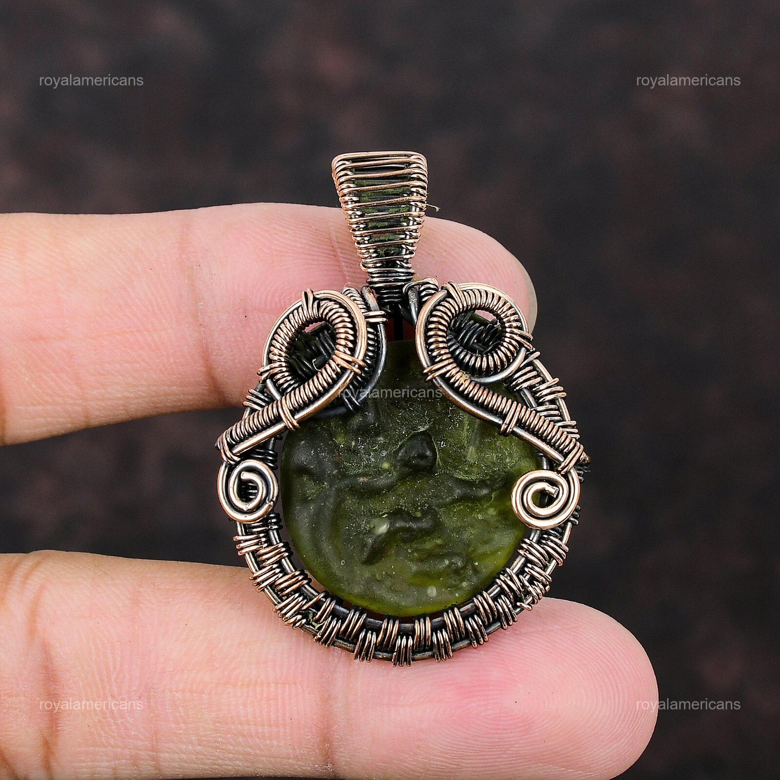 Moldavite Gemstone Wire Wrapped Pendant Handcrafted Copper Ethnic Jewelry 1.89″