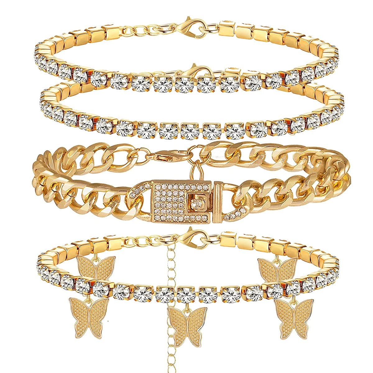 yfstyle 4PCS Cuban Link Ankle Bracelet Rhinestone Tennis Chain Butterfly Ankl…