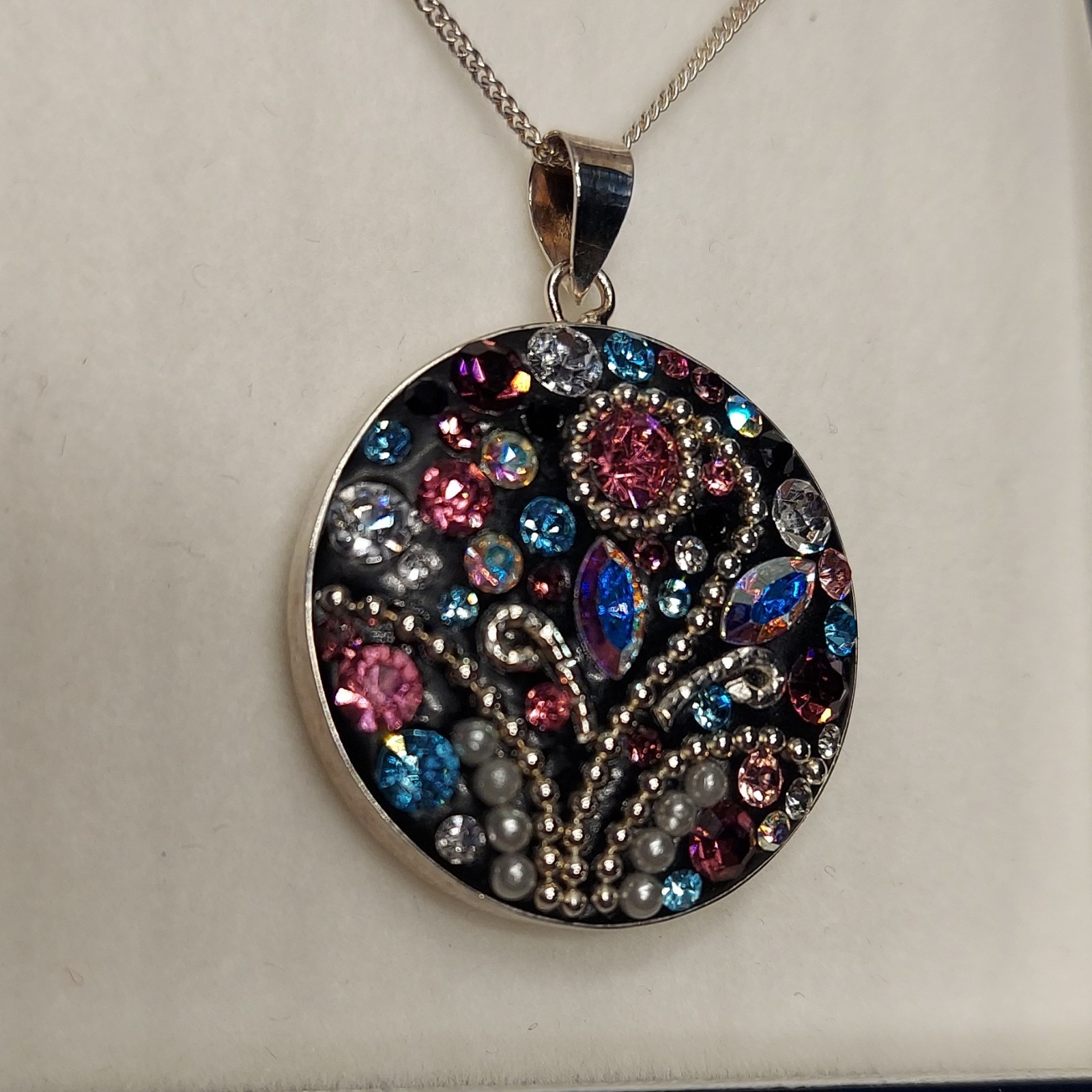 MULTICOLOR crystal silver 925 Round Rhinestone Pendant Necklace, Cable Chain