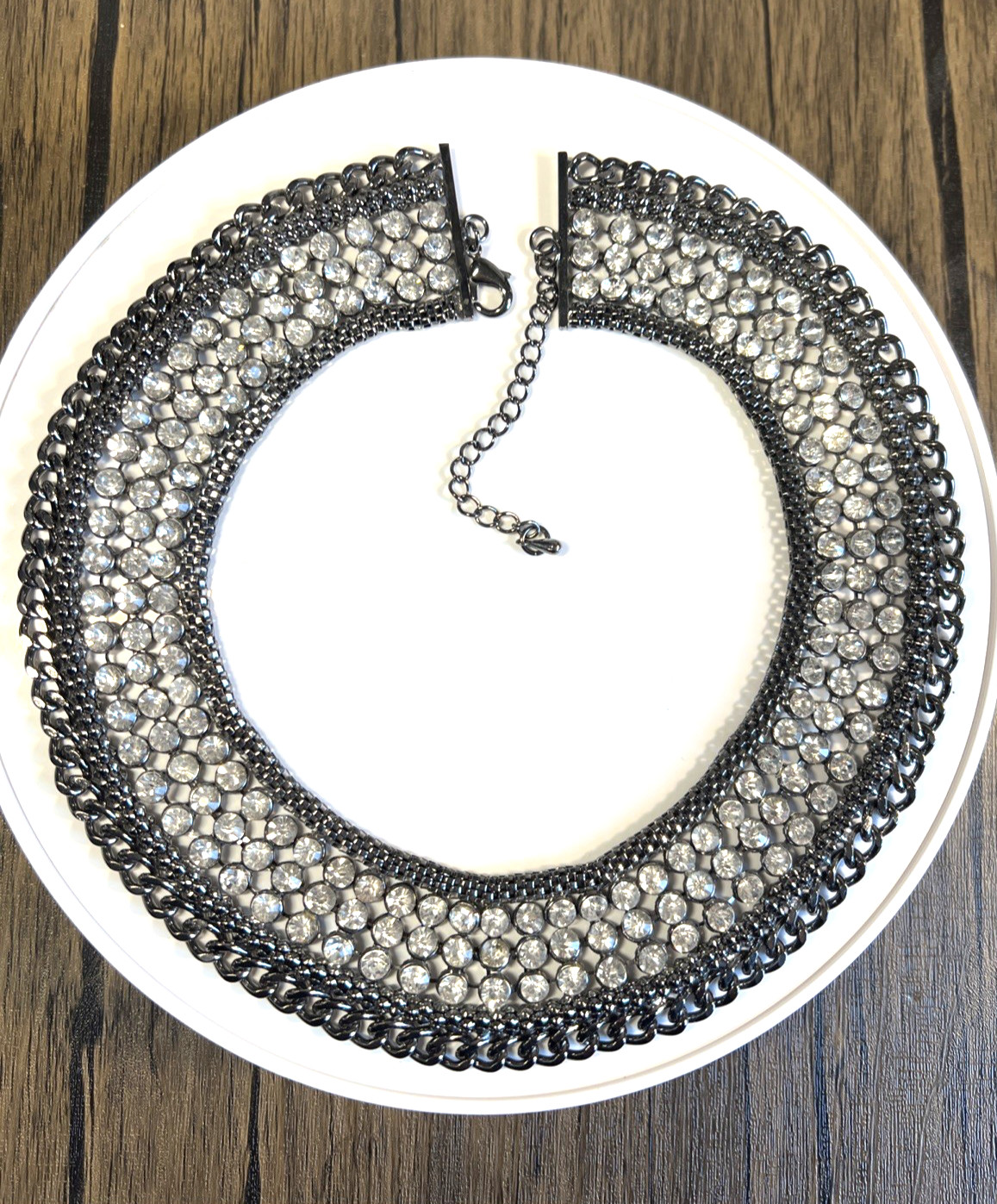 Cleopatra Collar Necklace Gun Metal with Clear Stones 17 Inches Lobster Claw #3