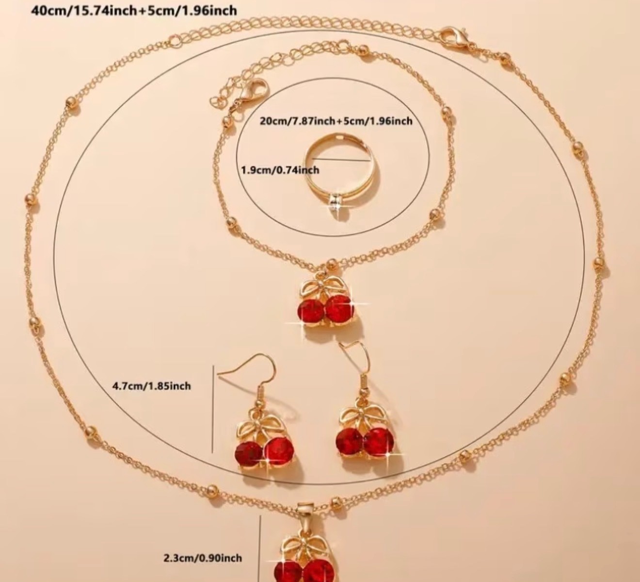 4pc Red Cherry Jewelry Set Stainless Steel Necklace Earrings Bracelet Ring y15