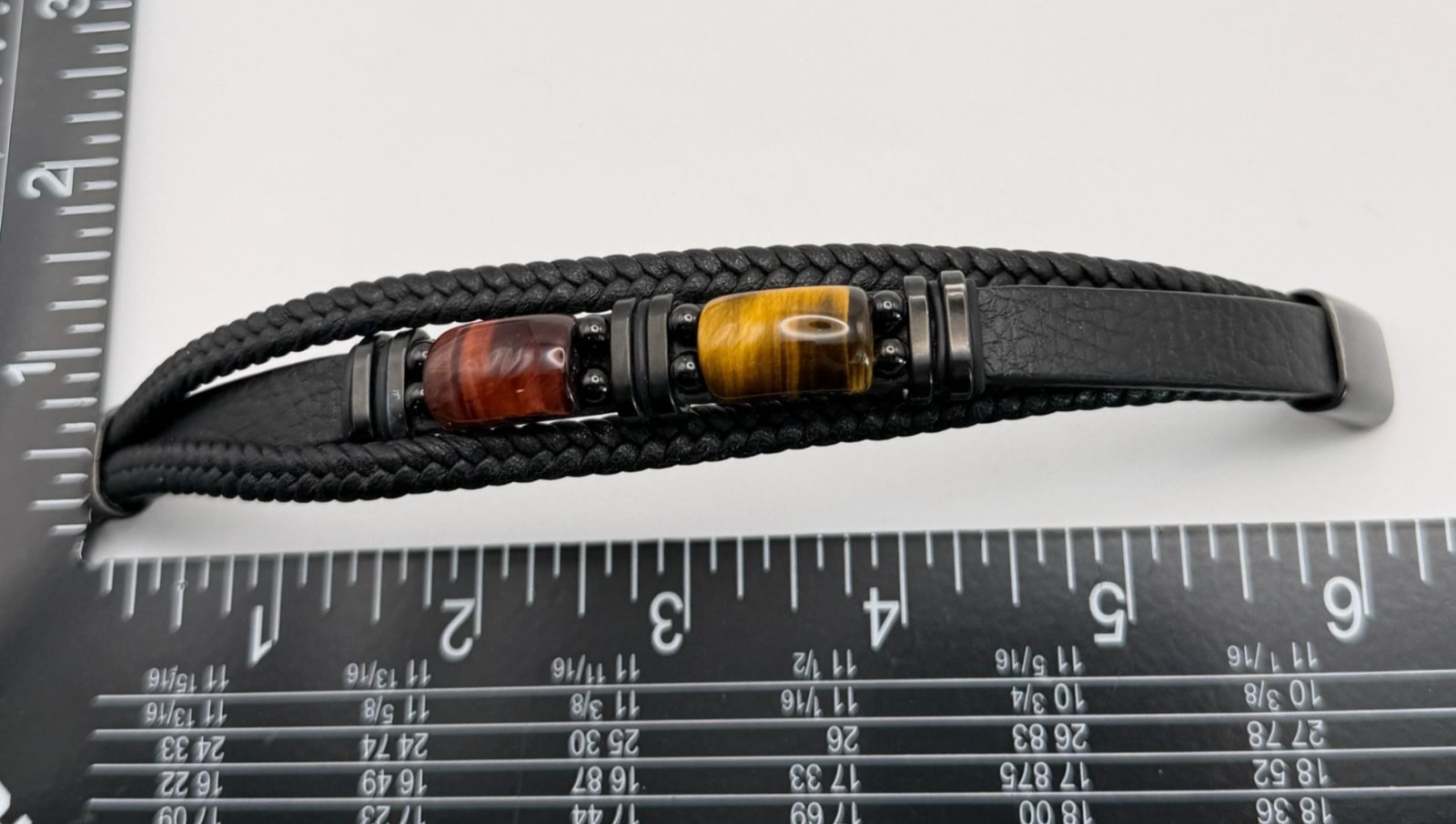 Black Braided Leather Bracelet Tiger Eye Stone Casual Earthy Boho 7 Inch