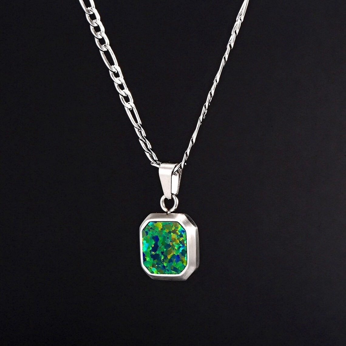 Fire Opal Men’s Square Pendant Stackable Minimalist Sterling Silver Jewelry Gift