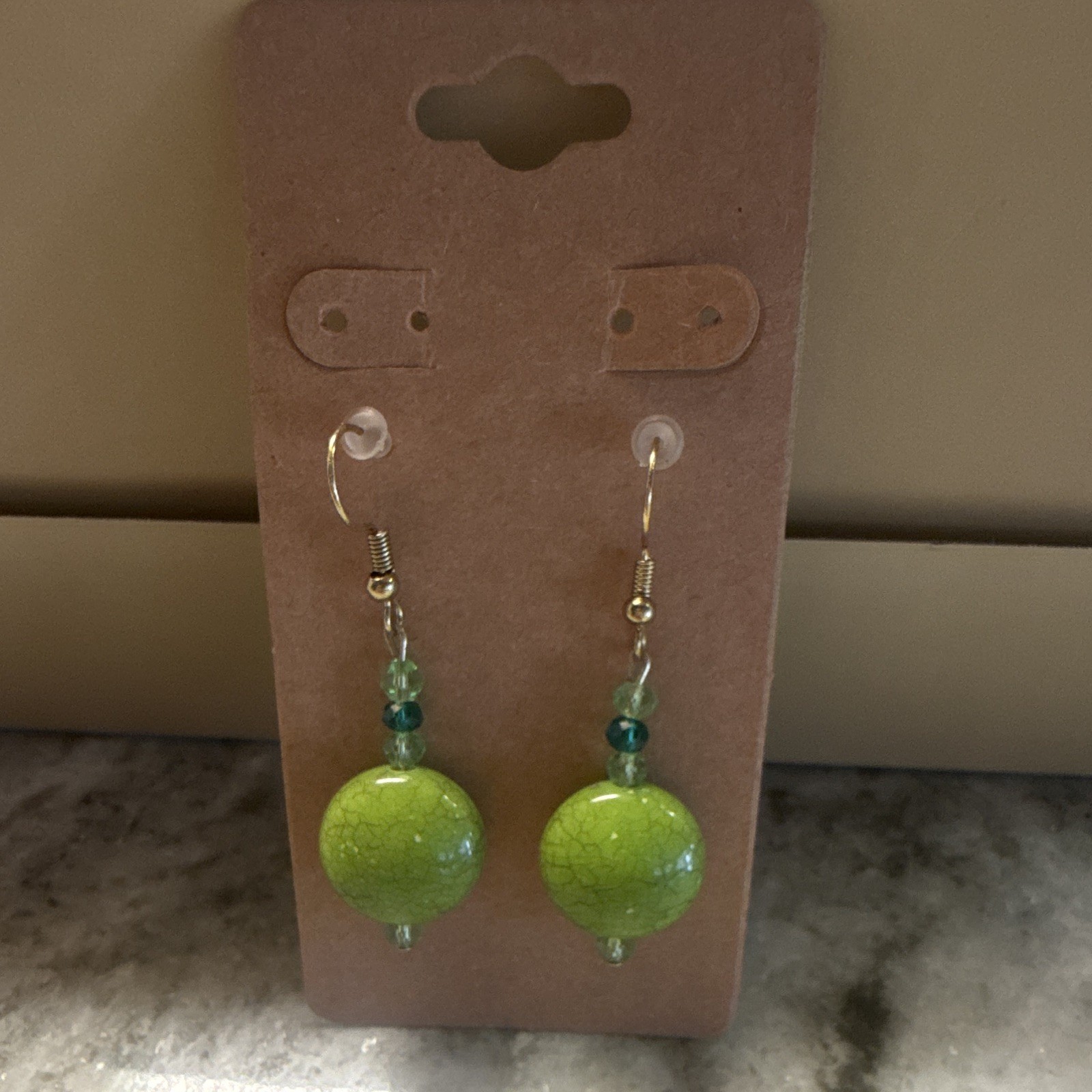 Green Glass Beaded Dangle/Drop Hook Earrings Round Beads Glass, metal & acrylic