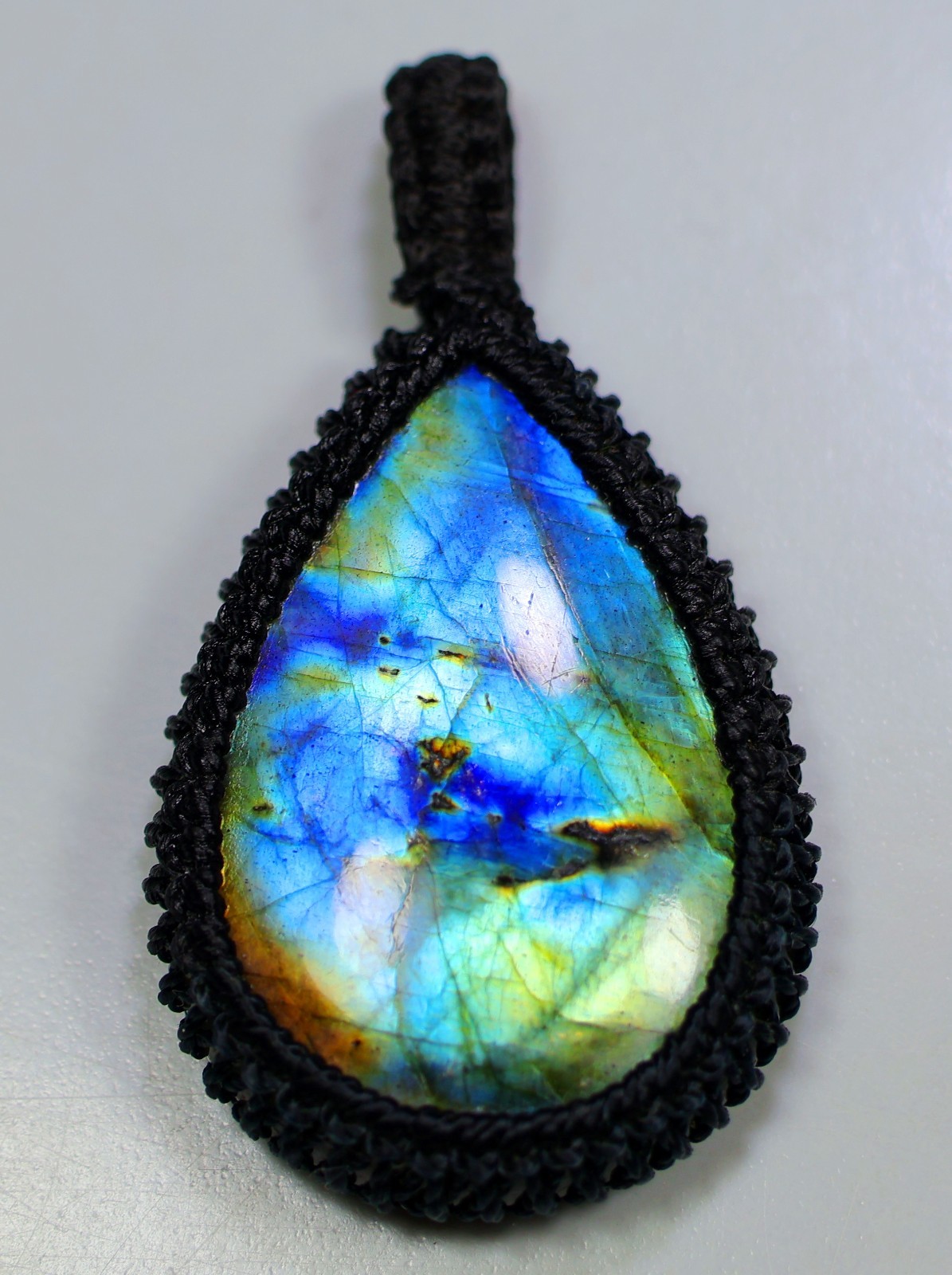 54 Ct Natural 7X26X36 mm Multicolor Fire Labradorite Pear Macrame Pendant 1.94 “
