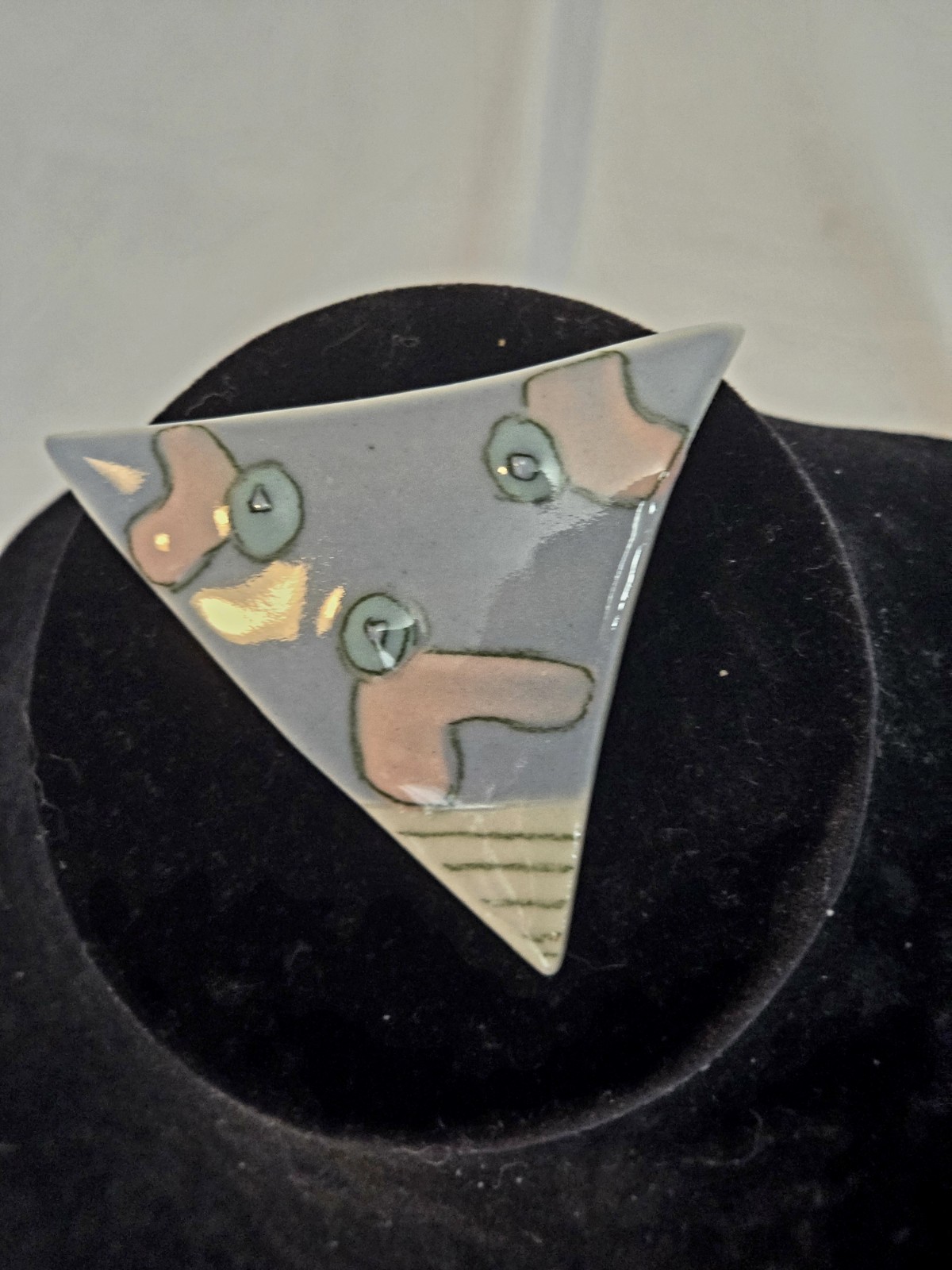 Vintage Triangle Ceramic Enamel Brooch Pin Abstract Design Blue Pink White Green