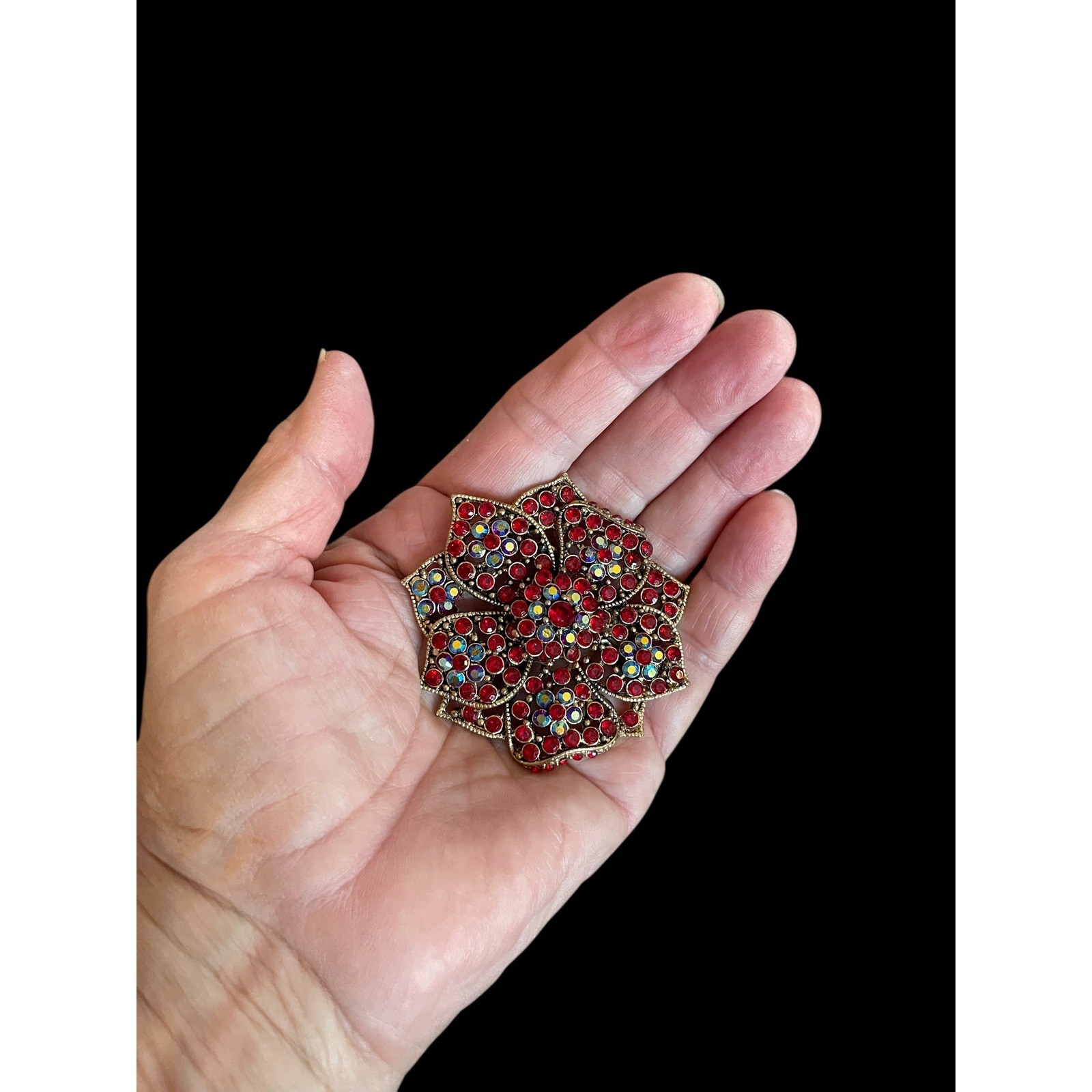 Vintage Elegant Red & Aurora Borealis Rhinestone Floral Pin Sparkling Brooch