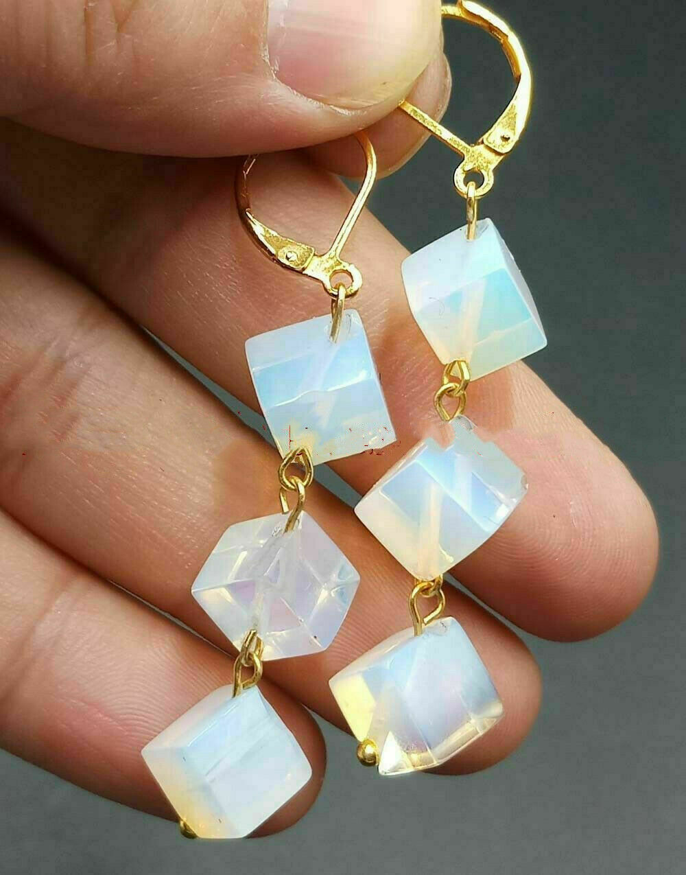 Attractive 8x8mm Sri Lanka Moonstone Square Bead Drop/Dangle Earrings