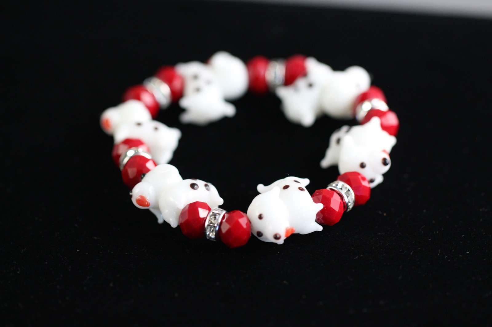 Dog Lampwork Bracelet 7″ Elastic Glass Beads Red Crystal White Polka Dot
