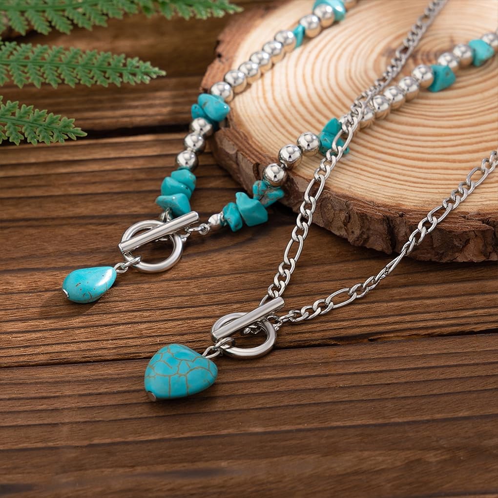 Turquoise Western Pendant Necklace for Layered Gold Heart OT Clasp Beaded Nec…