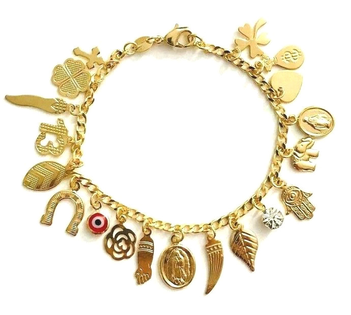 14K Gold Plated Charm Adult Bracelet, Money , Good Luck, Protection -B91