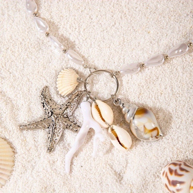 Bohemian Shell Starfish Pendant Necklace Imitation Pearl Necklace for Women
