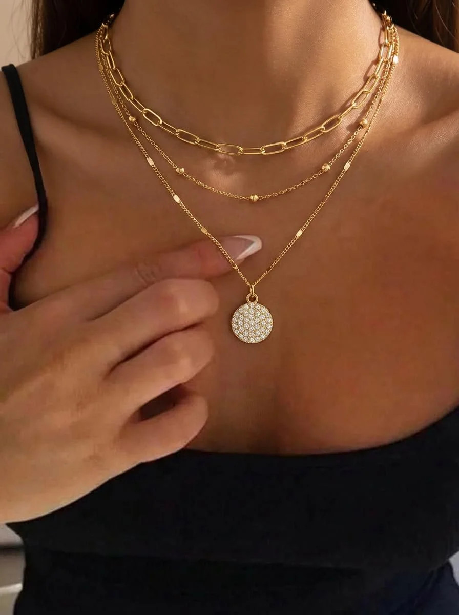 Layered Gold Necklace Stack for Women, 18K Gold Plated Stainless Steel Hypoaller