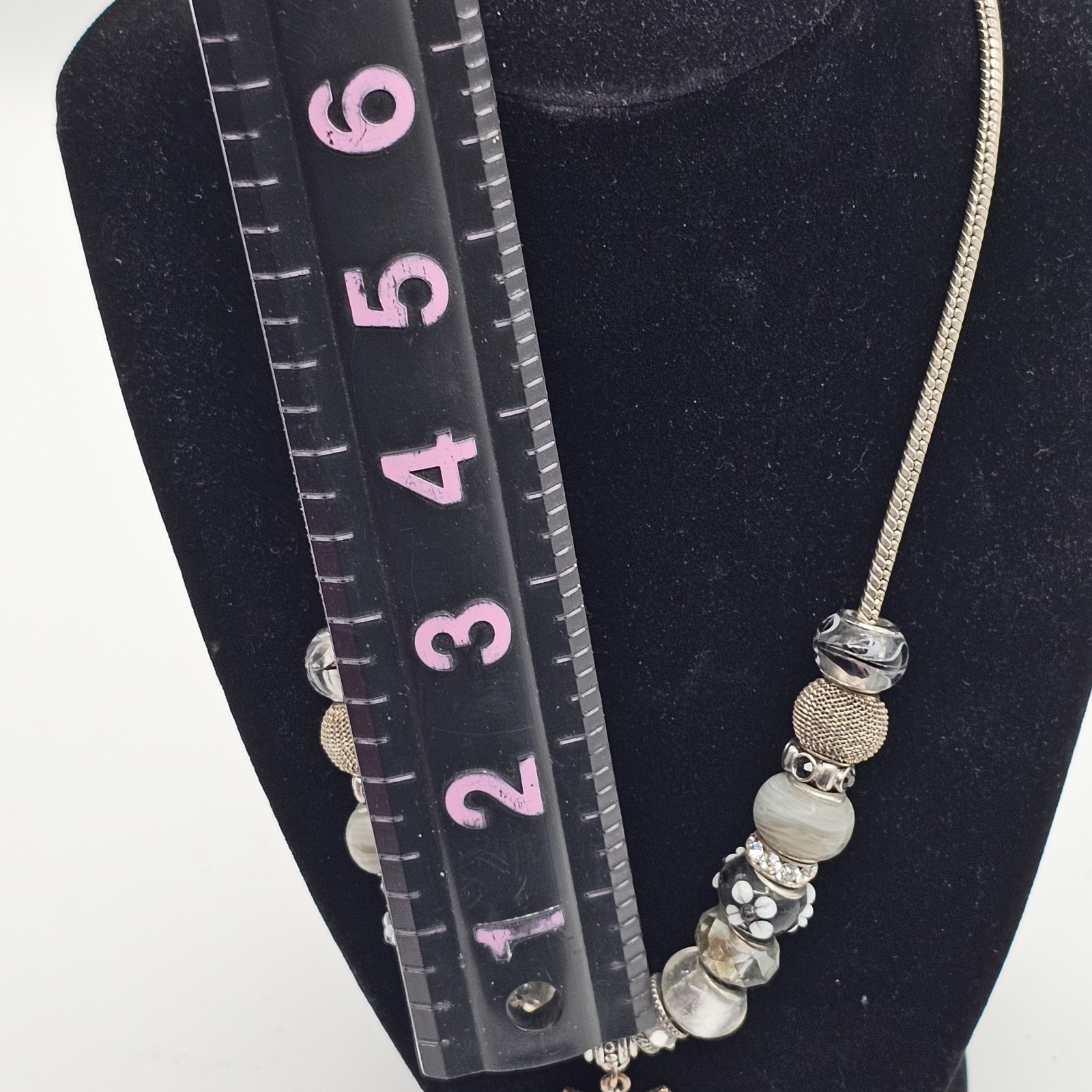 Silver Tone Snake Chain Necklace Mixed Beads Crescent Charm Boho Statement