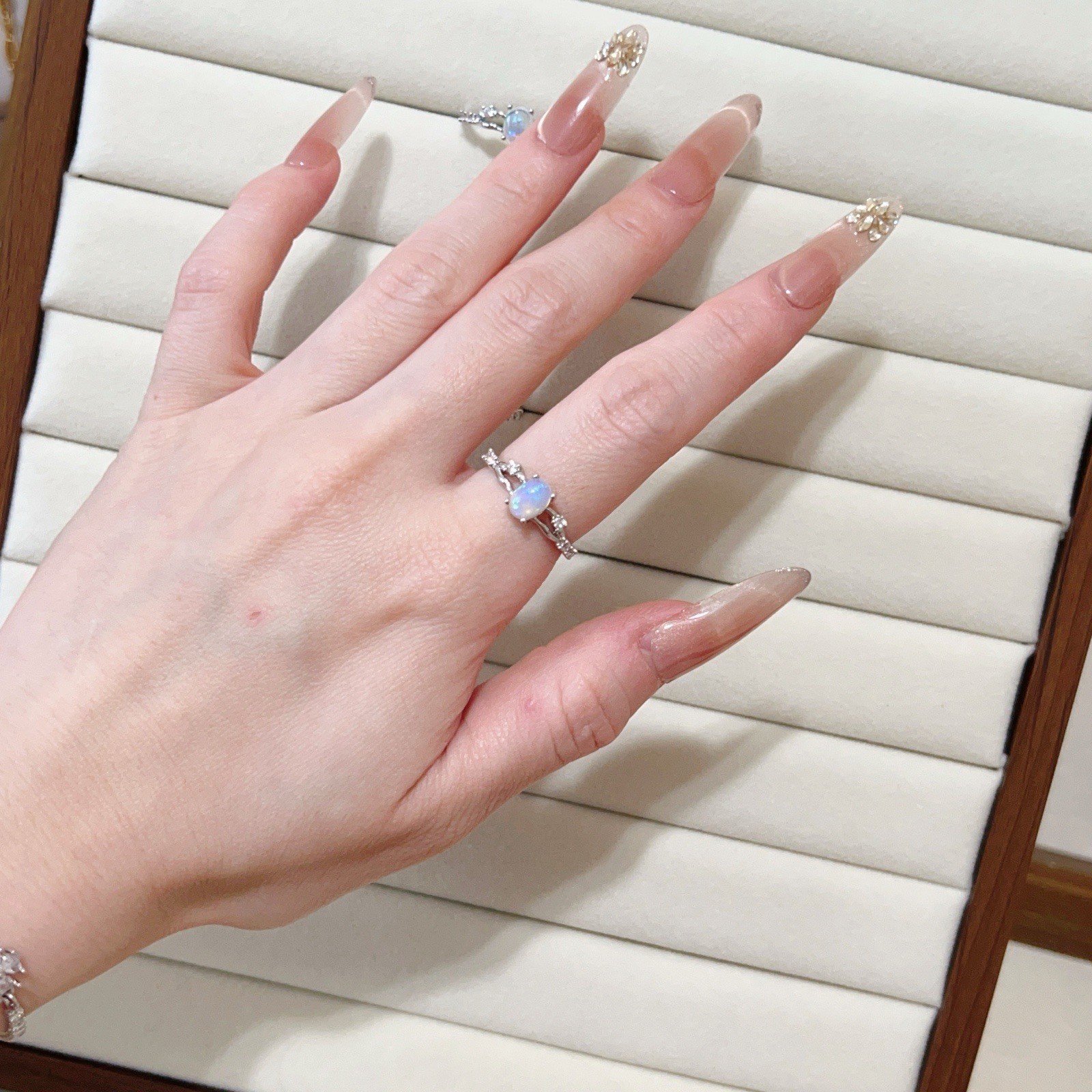 Natural Fire Opal Adjustable Ring | Silver Plated OneSize | Dainty Gemstone Ring