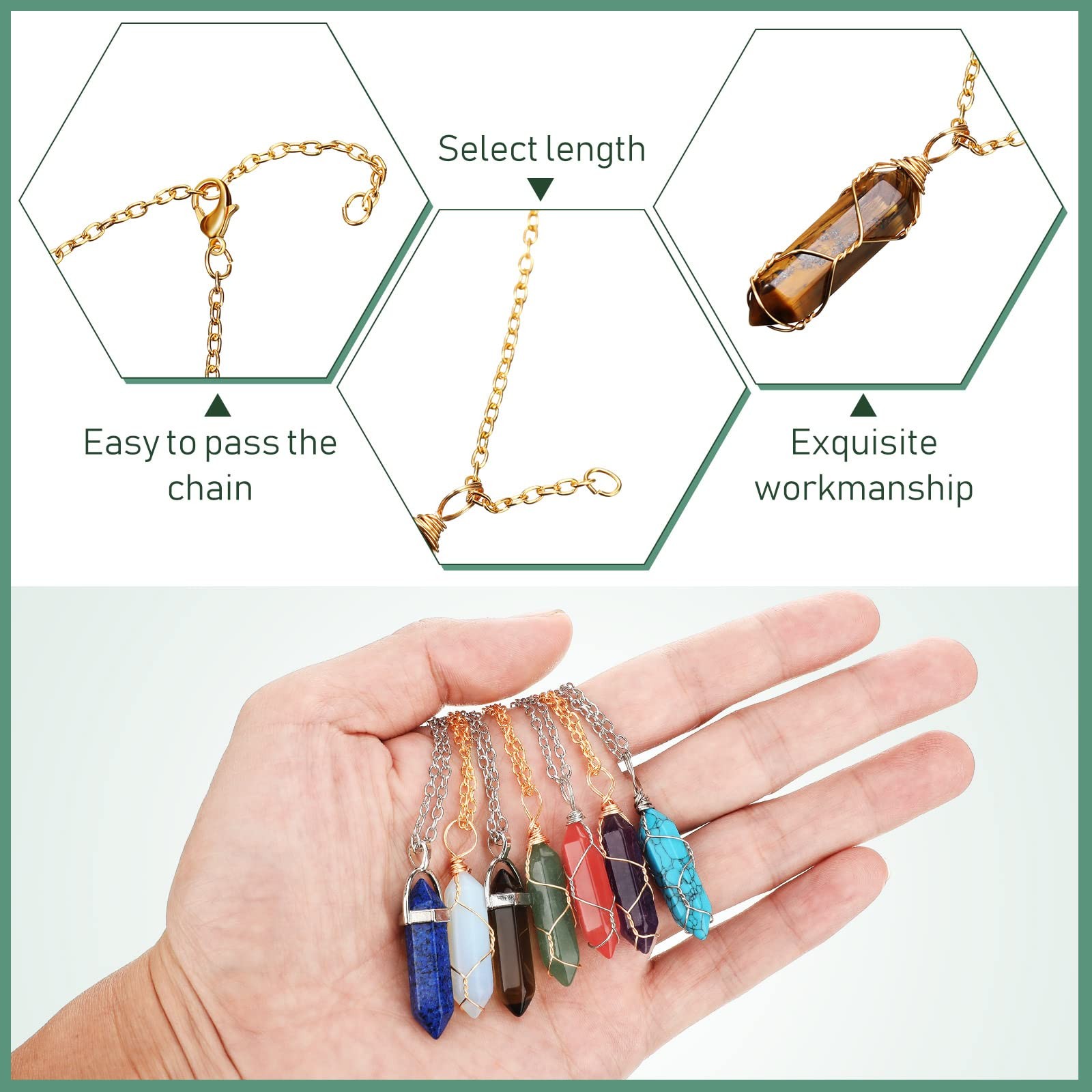 16 Pcs Hexagonal Crystal Pendant Necklace Full Wire Wrap Gemstone Necklace