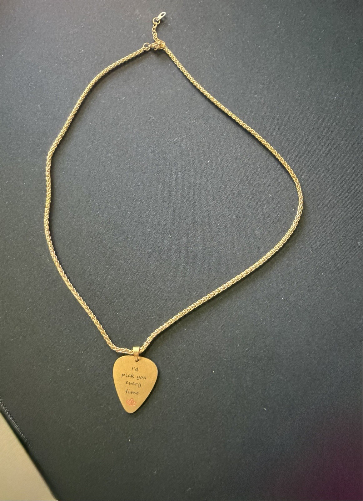 18K GP Gold Tone Guitar Pick Pendant Necklace I’d Pick You Every Time 18-20”