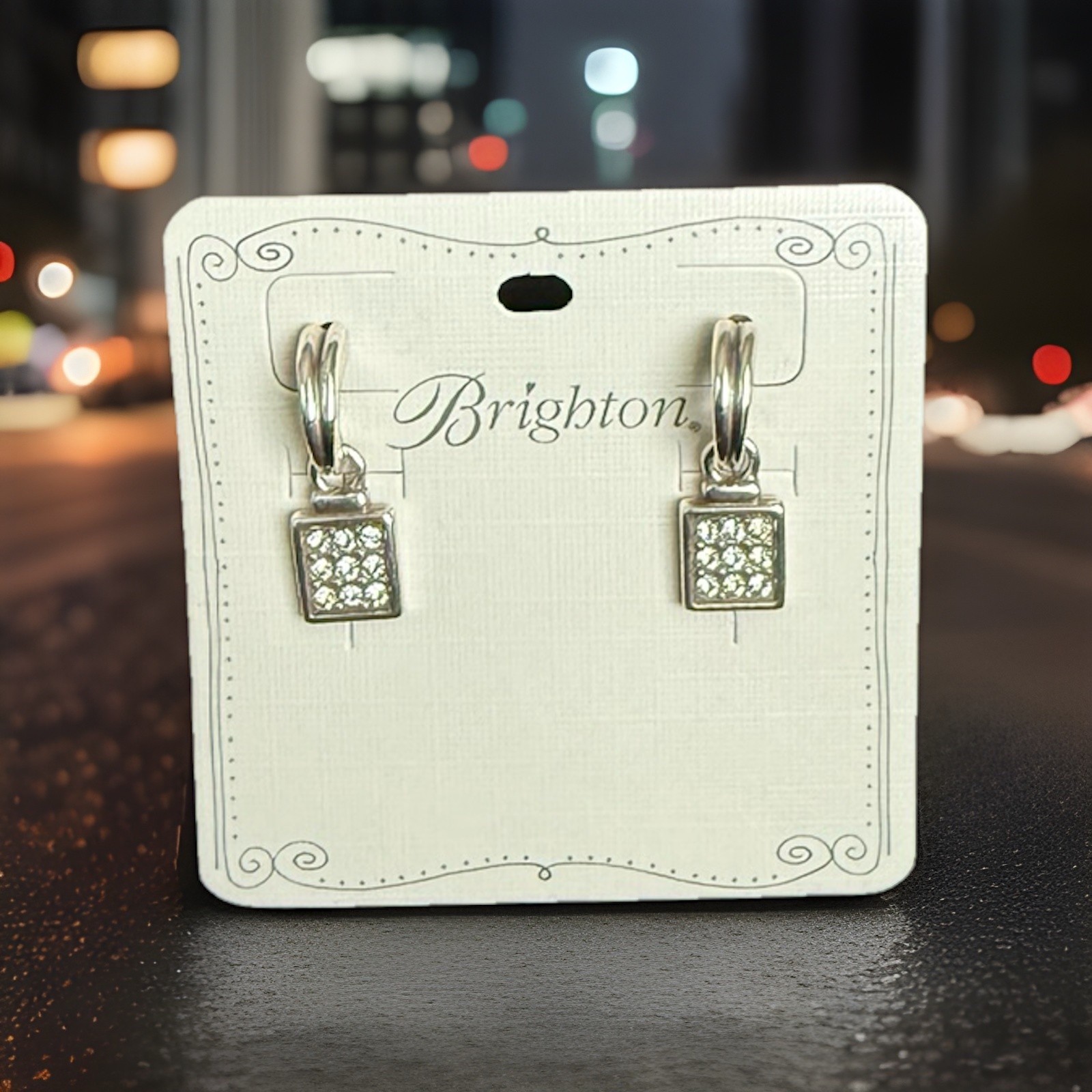 Brighton Earrings Meridian Mini Post Square Drop Silver Crystal NWT