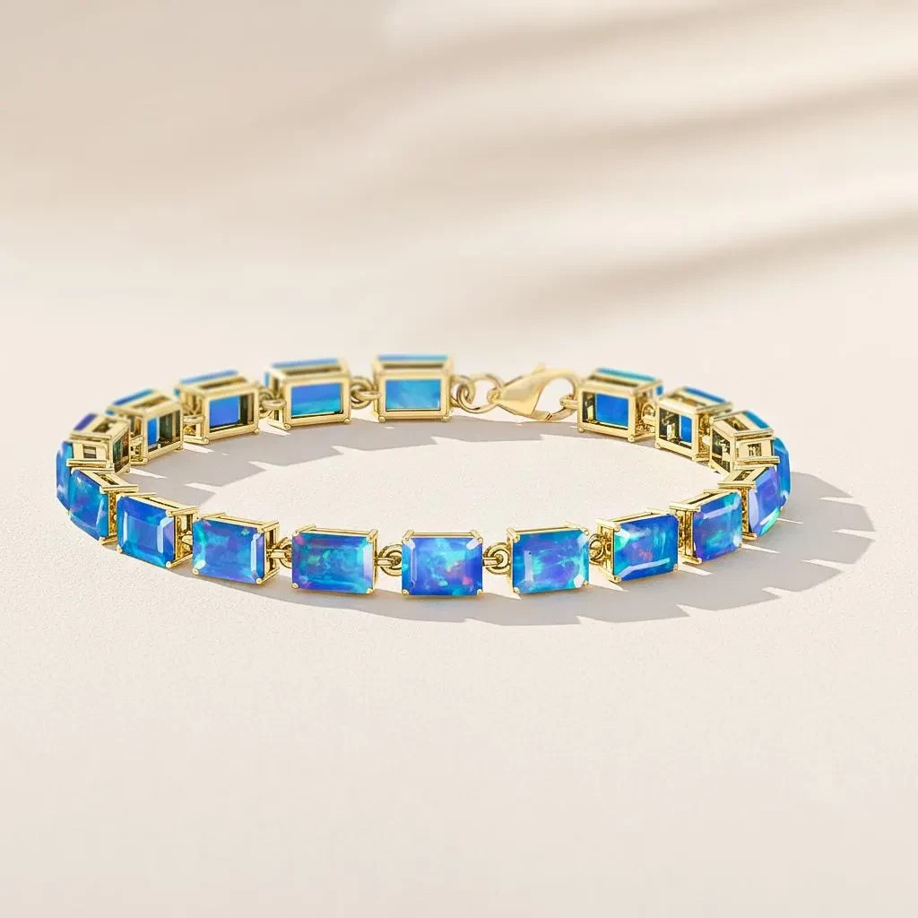 Fire Blue Opal Gemstone Silver Tennis Bracelet, Natural Opal Gemstone 925 Silver