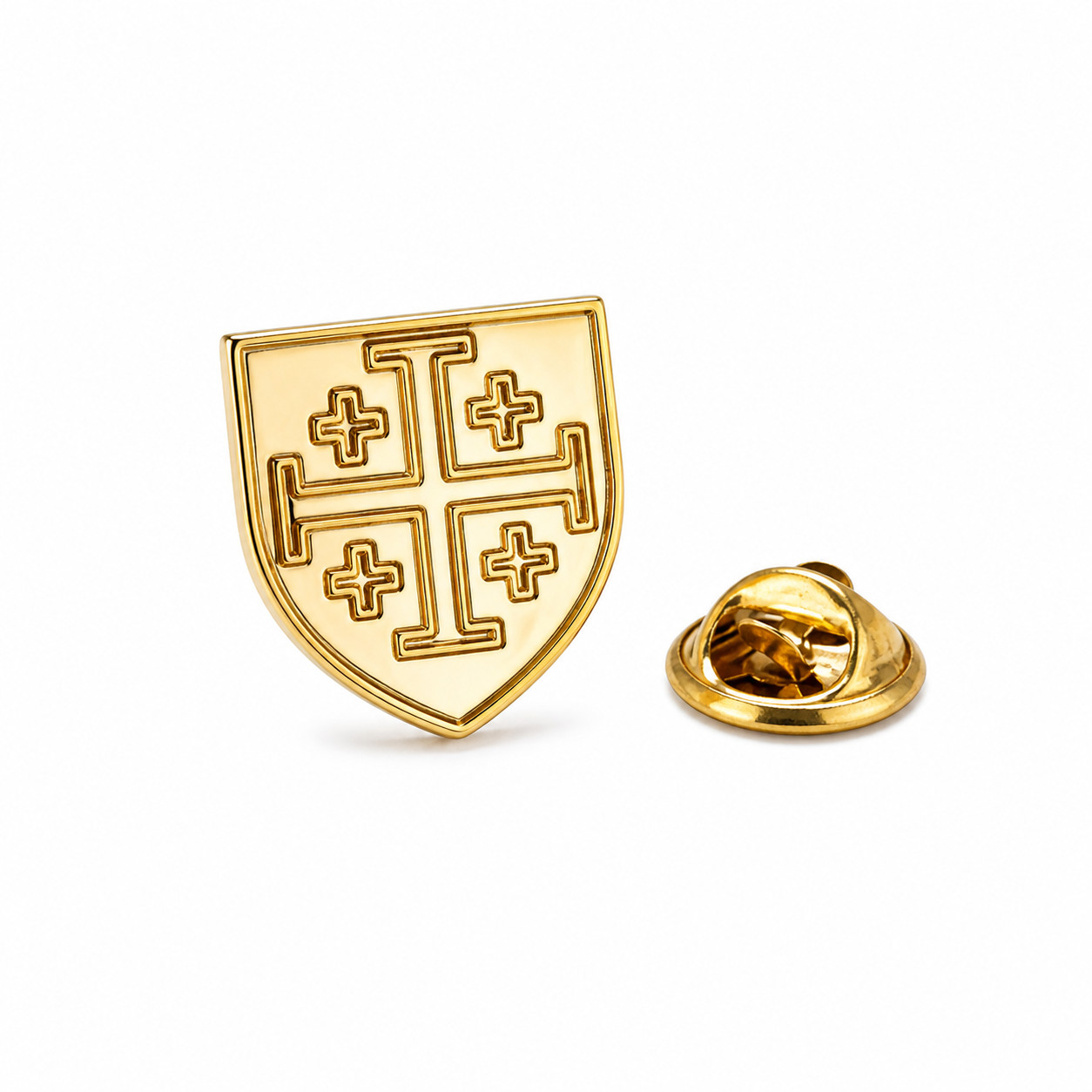 Gold Jerusalem Cross Lapel Pin – Christian Shield Pin, Religious Jewelry, Crusad