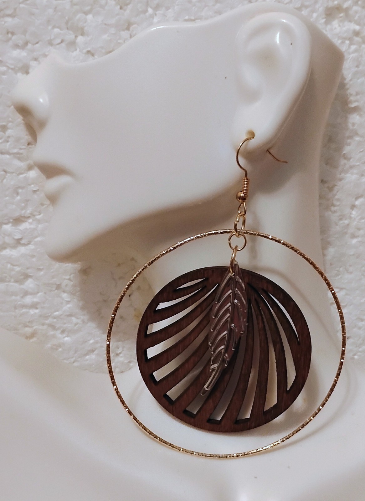 Brown Cut‑Out Drop Gold Hoop 2.50″ Earrings with silver Leaf – Boho Statement