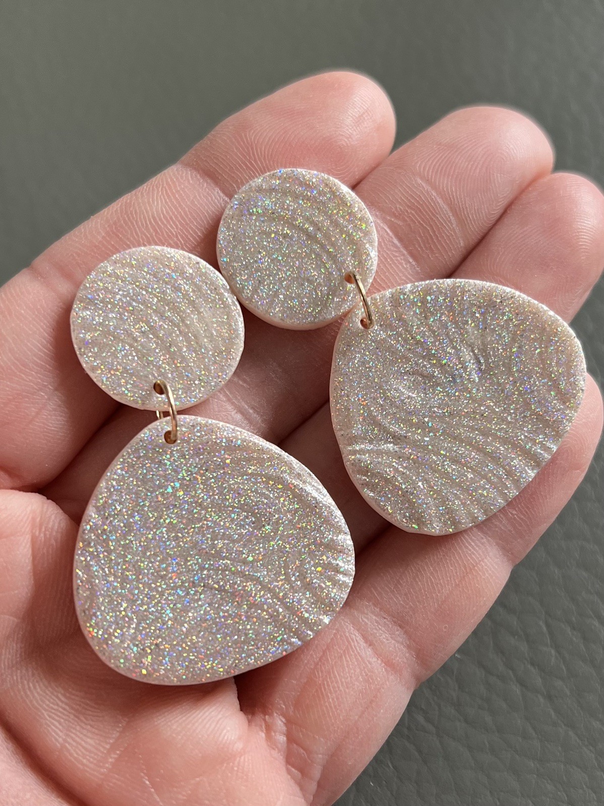 Cream Glitter Polymer Clay Earrings – Sparkly Statement Earrings – Resin Finish