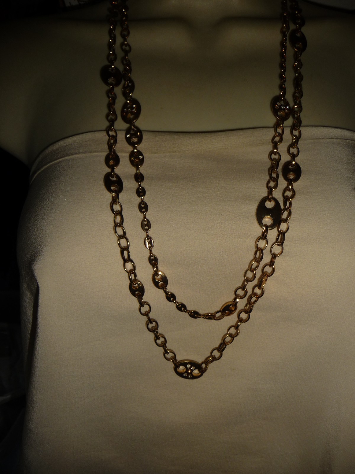 LAYERED 2 STRANDS GOLD TONE CHAIN W DESIGNLINK W RHINESTONES NECKLACE #26/19