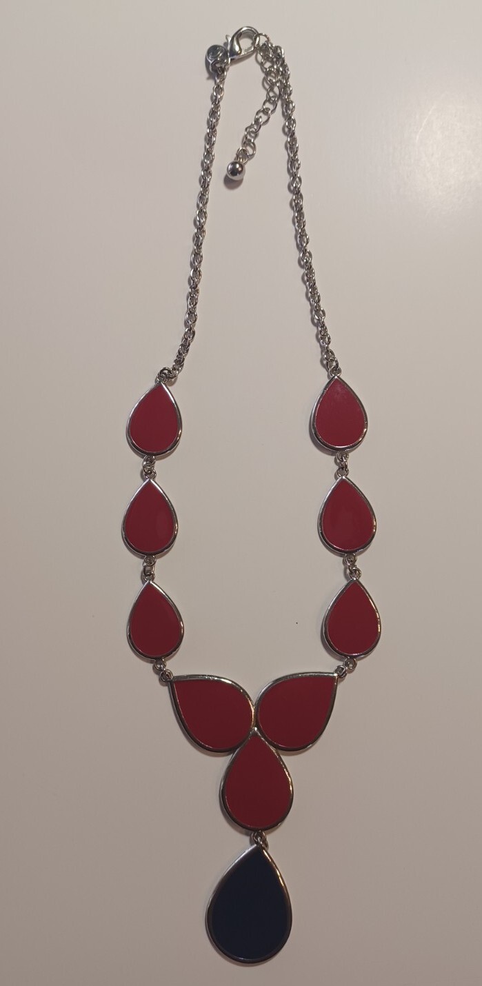Charming Charlie Silvertone Necklace with reversible Red/Blue Enamel Discs