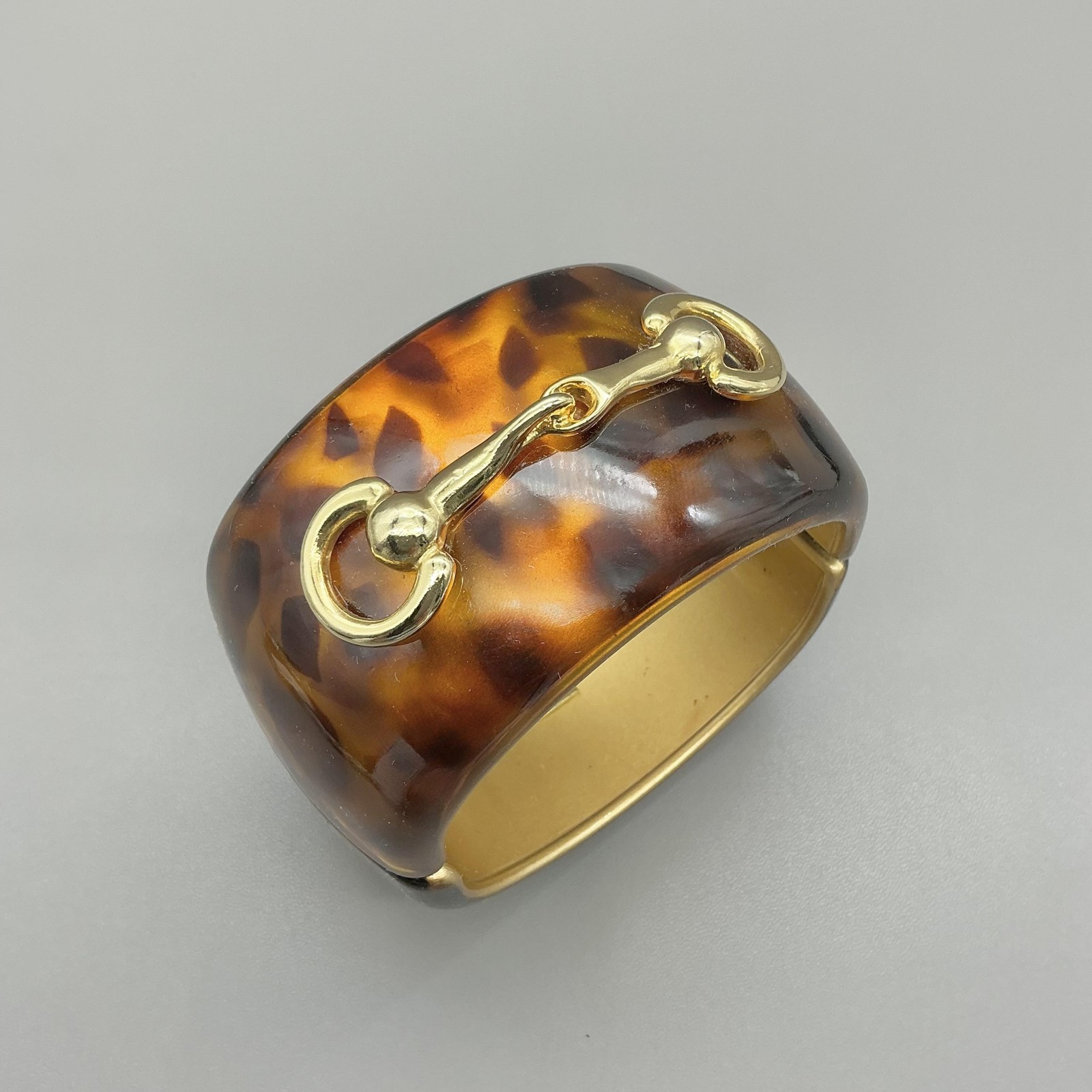 Lisi Lerch Bracelet Brown Tortoise Resin Cuff Gold Tone Horse Bit Equestrian 7″
