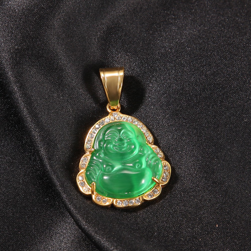 Hip Hop Stainless Steel Maitreya Buddha Pendant Necklace with Rhinestone Jewelry