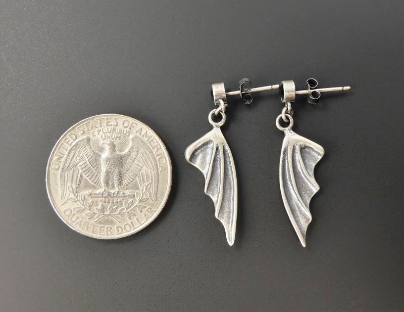 Handmade Black Crystal 925 Sterling Silver Bat Wing Drop Earrings Unique Gothic